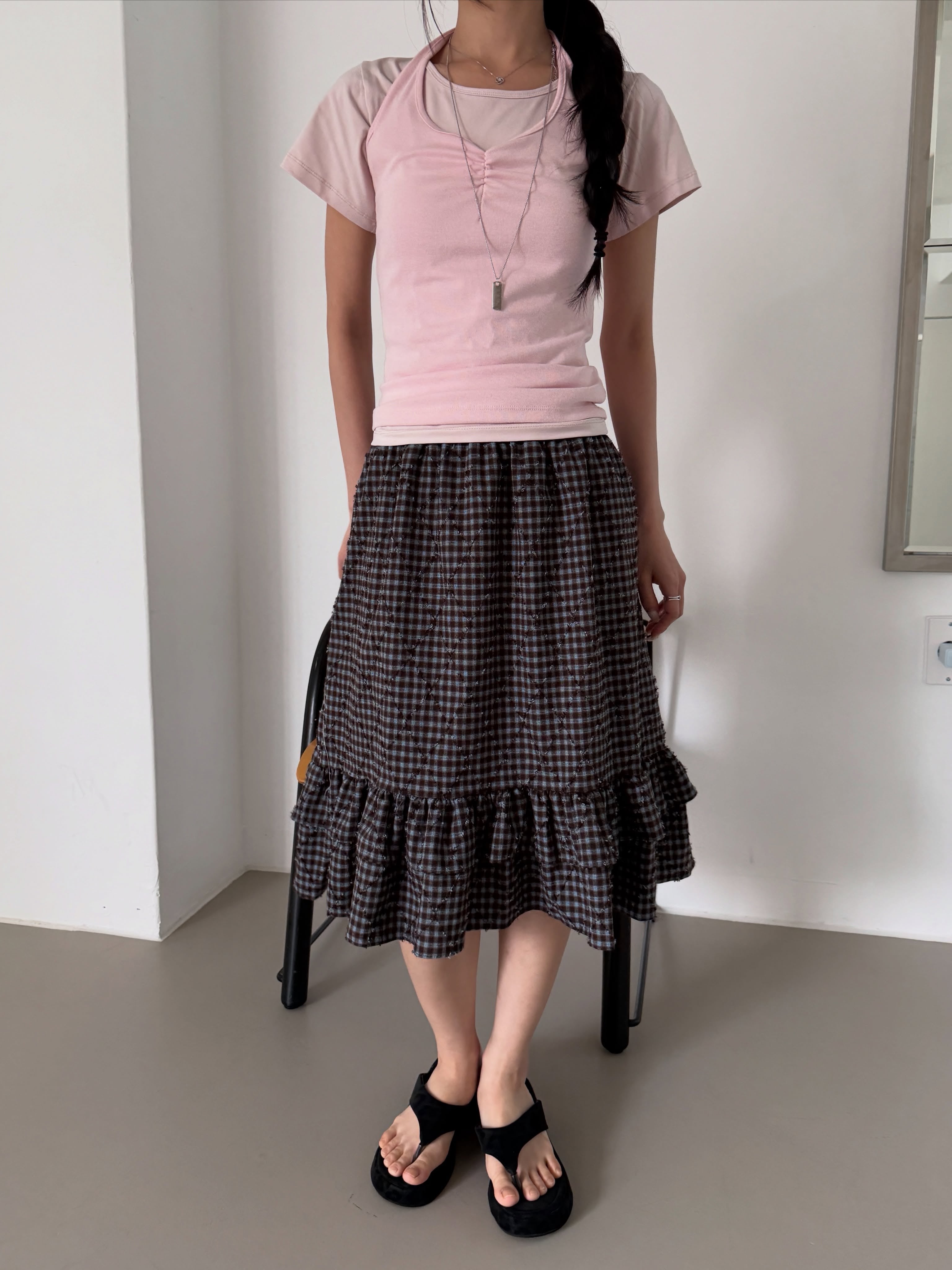 Poesie Check Elastic Waist Midi Skirt with Ruffle Hem
