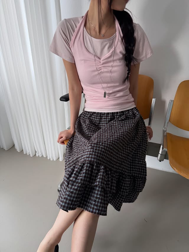 Poesie Check Elastic Waist Midi Skirt with Ruffle Hem