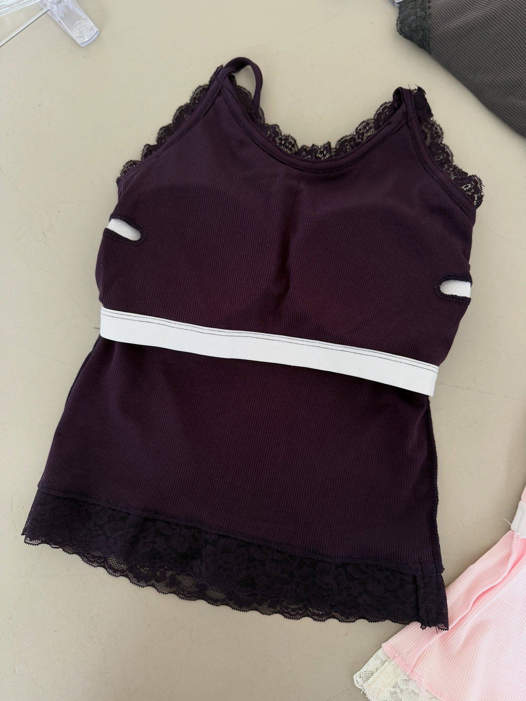 Poésie lace trim halter tank top in Pink, front view with lace neckline detail