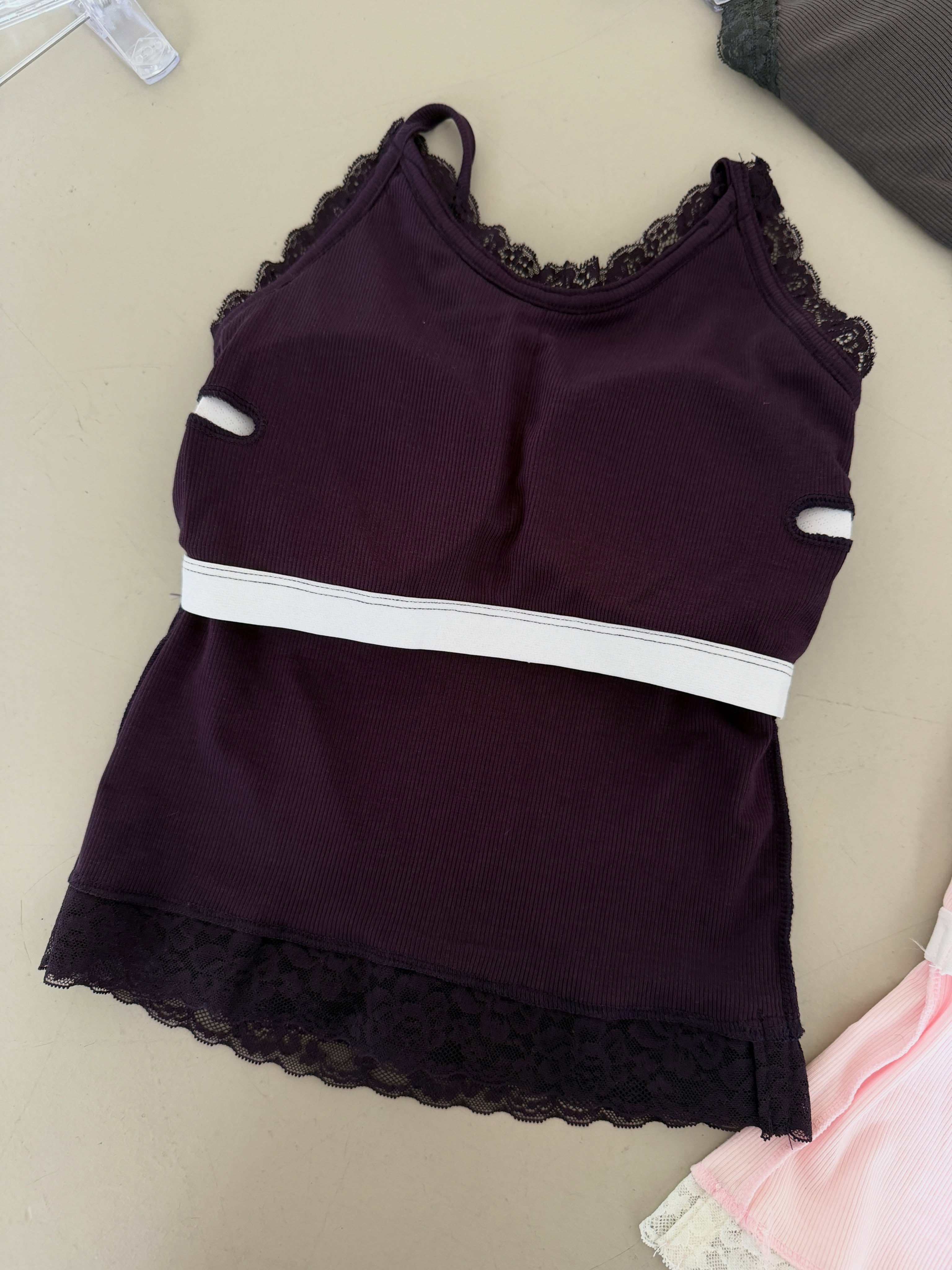 Poésie lace trim halter tank top in Pink, front view with lace neckline detail