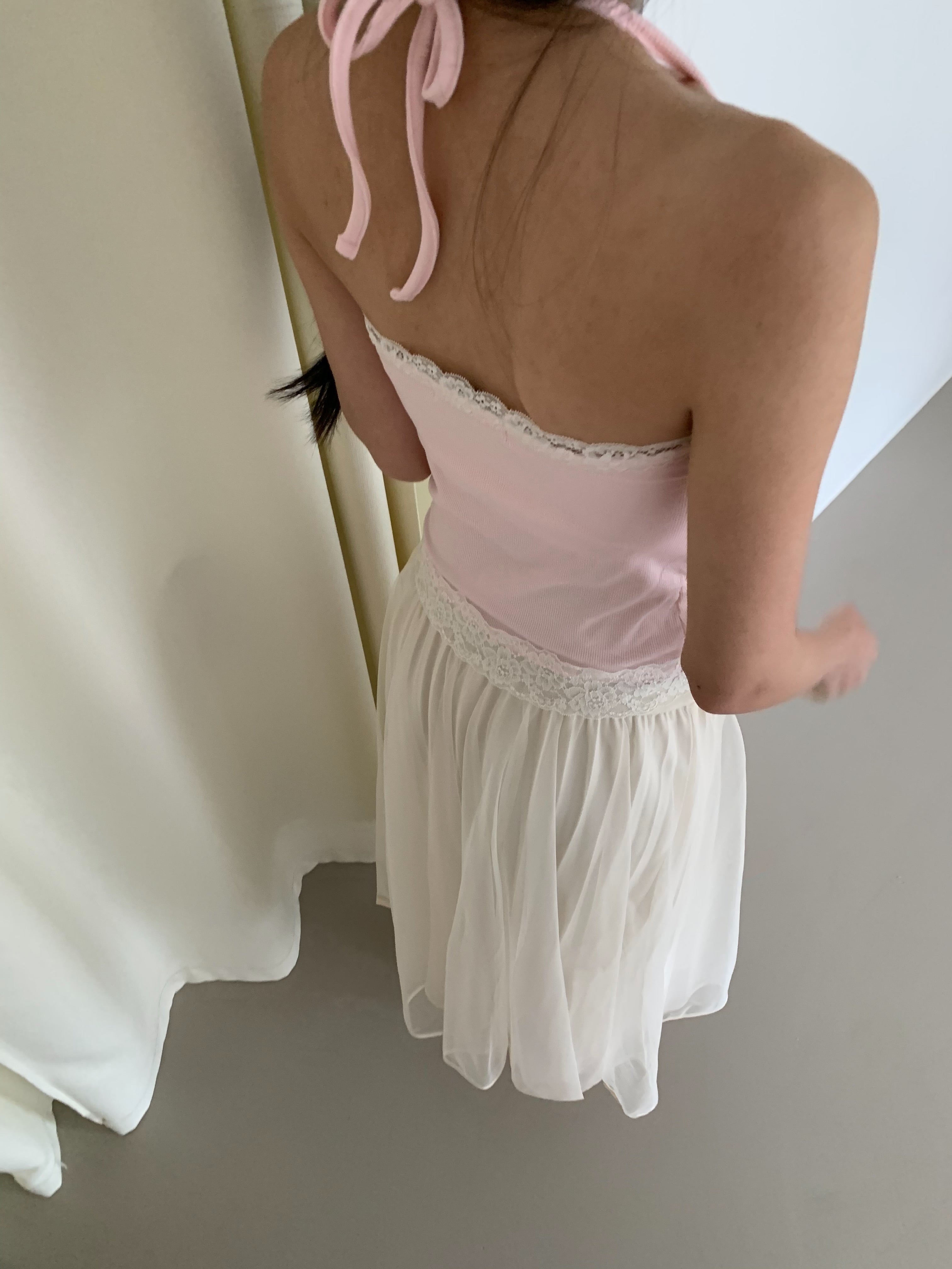 Poésie lace trim halter tank top in Purple, front view standing with cargo shorts