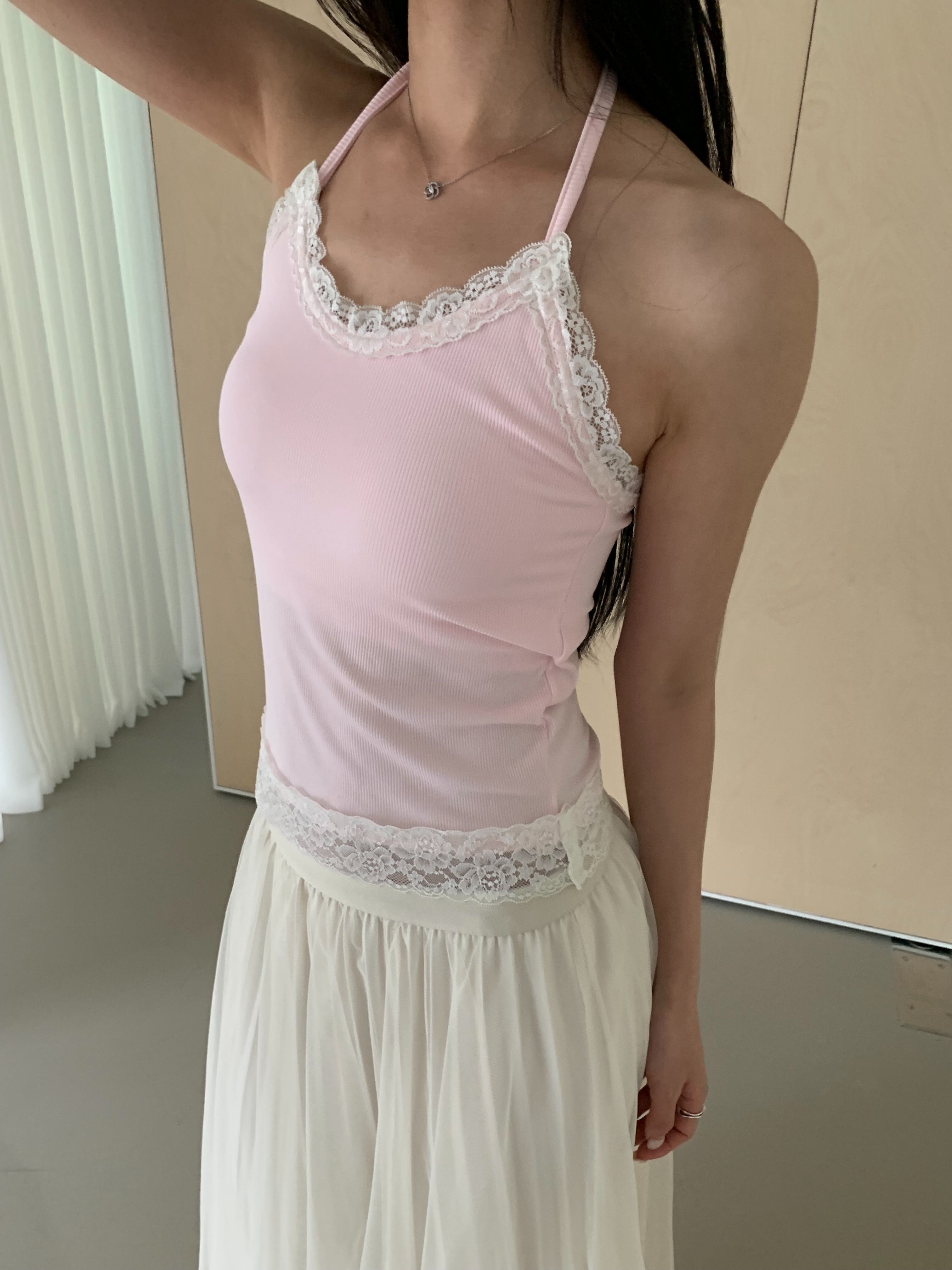Poésie lace trim halter tank top, three colorways on hangers — Purple, Charcoal, Pink