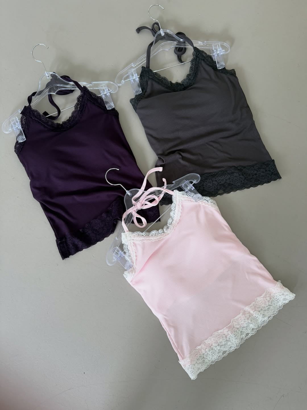 Poésie lace trim halter tank top in Pink, front view with lace hem and skirt