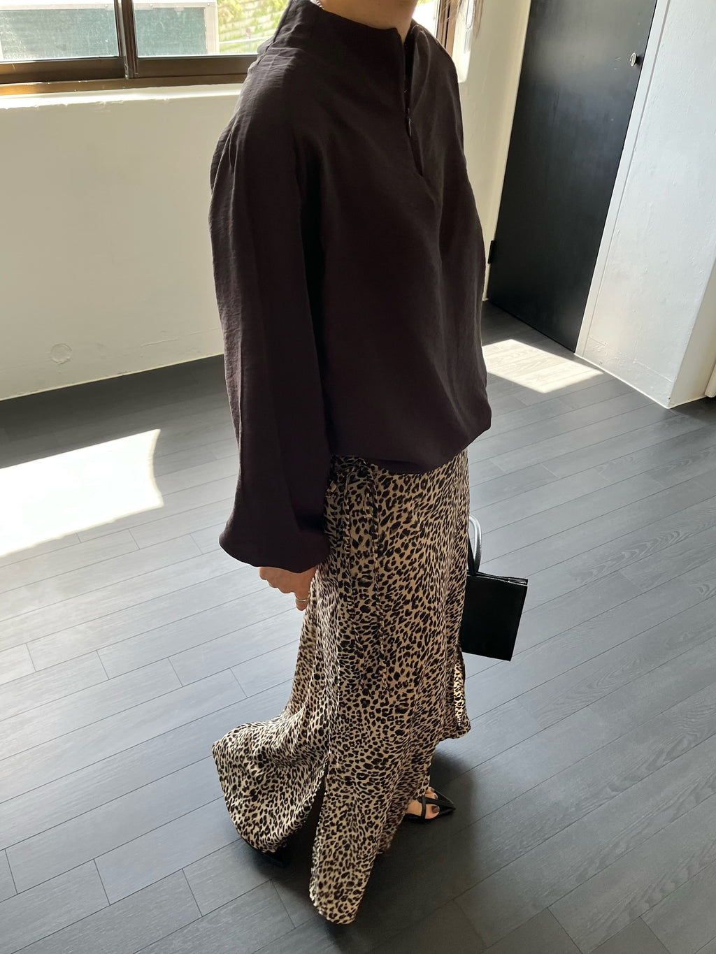 Leopard Print Maxi Skirt Ivory back view styled with grey sweatshirt