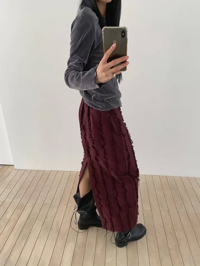 Vertical Fringe Maxi Skirt