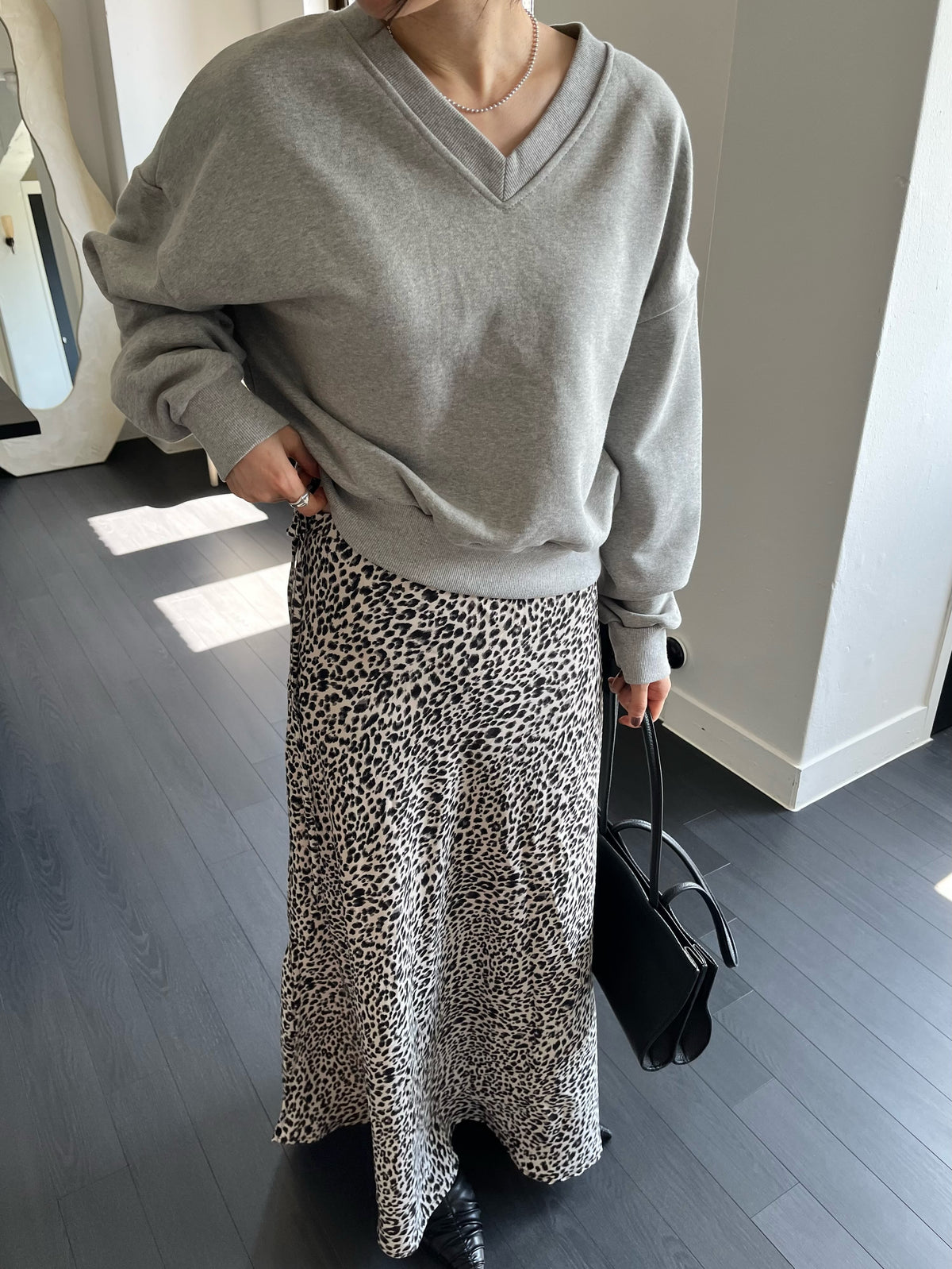 Leopard Print Maxi Skirt Dark Beige side view full length styled with black top