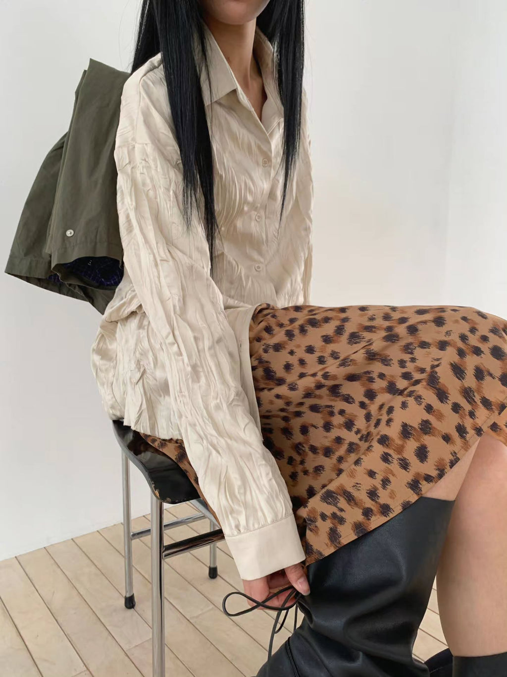 Leopard Print Midi Skirt Dark Beige front view styled with crinkle shirt and boots