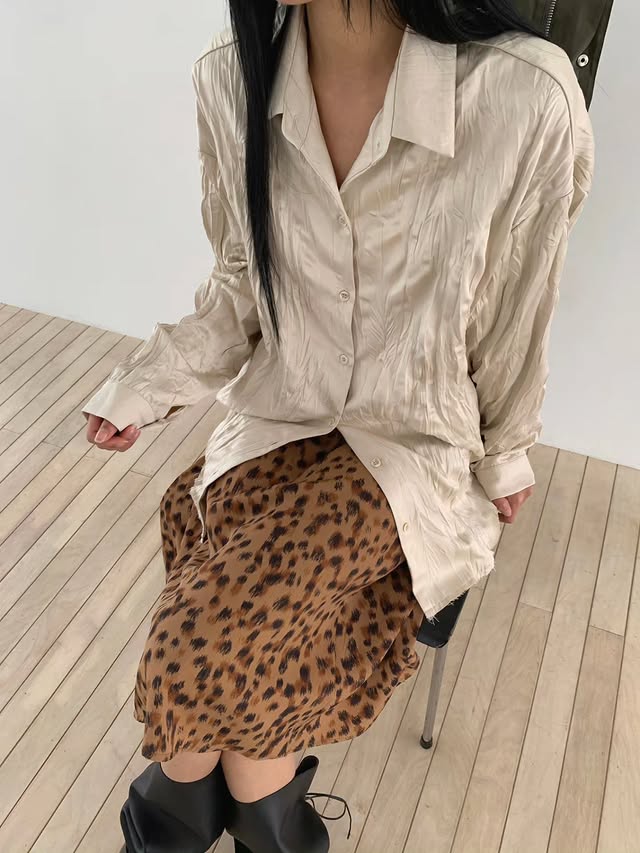Leopard Print Midi Skirt Ivory front view styled with knit sweater and boots