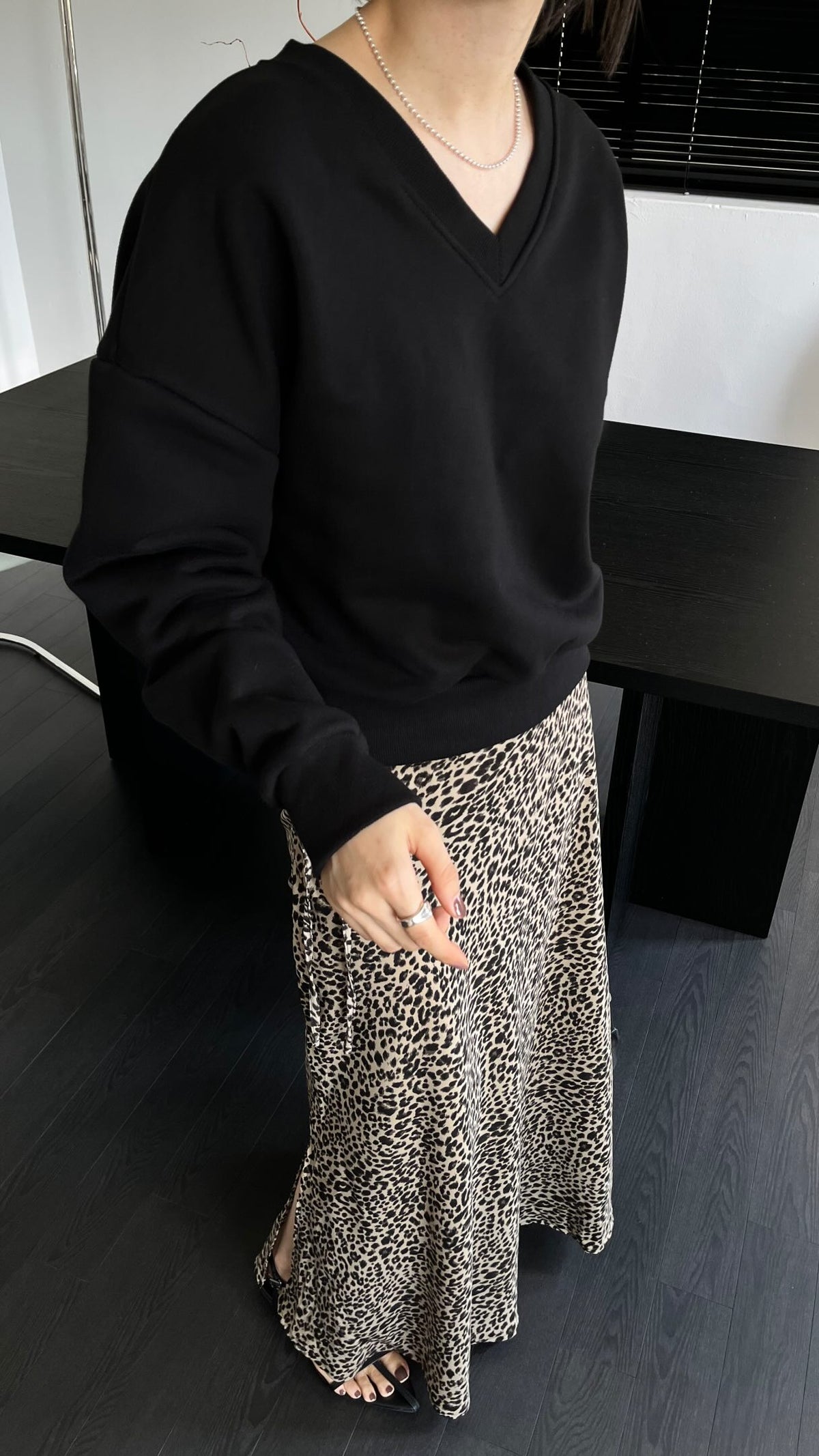 Leopard Print Maxi Skirt Ivory and Charcoal waist drawstring eyelet detail close-up