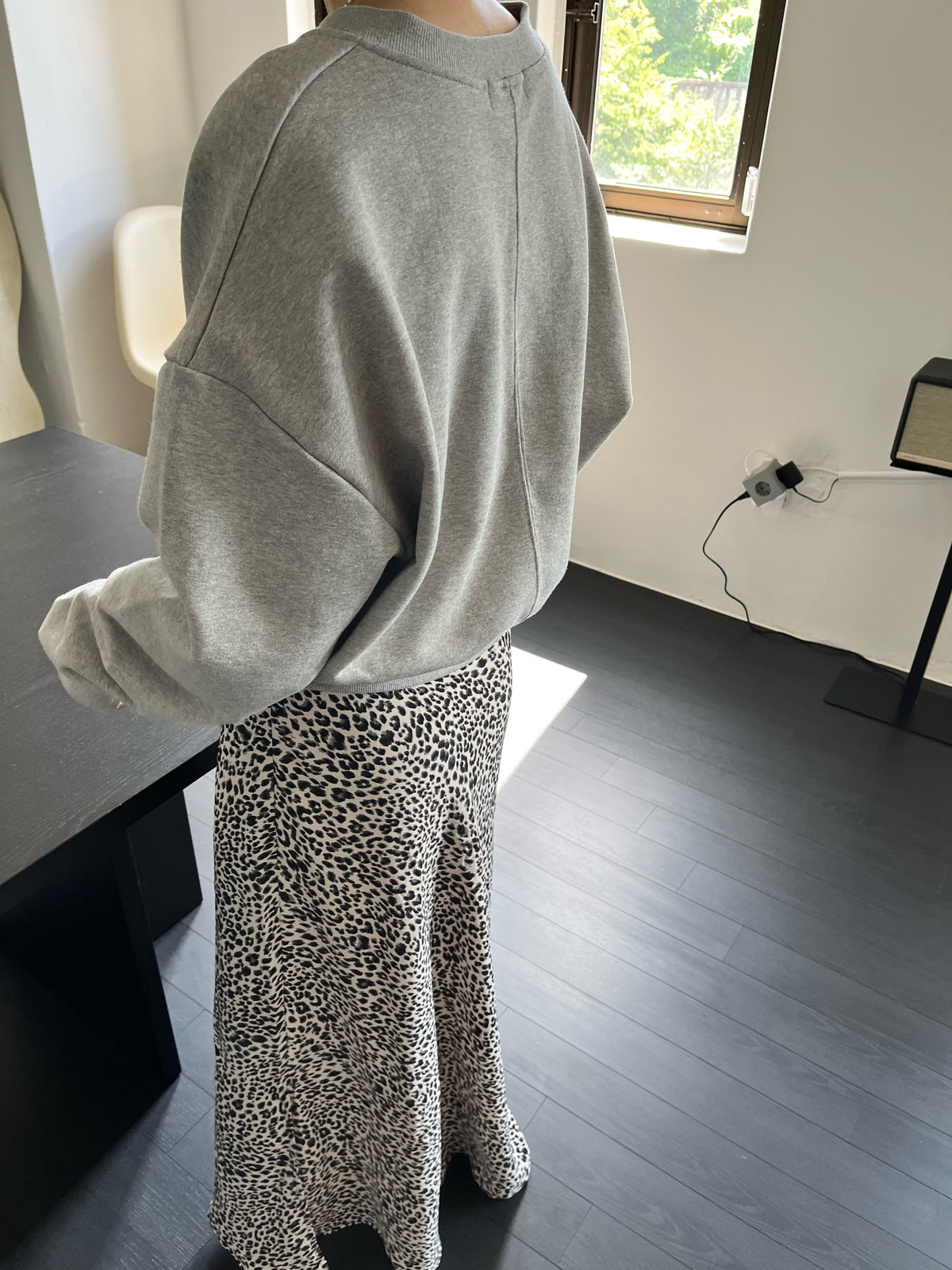 Leopard Print Maxi Skirt Charcoal side view full length styled with black top