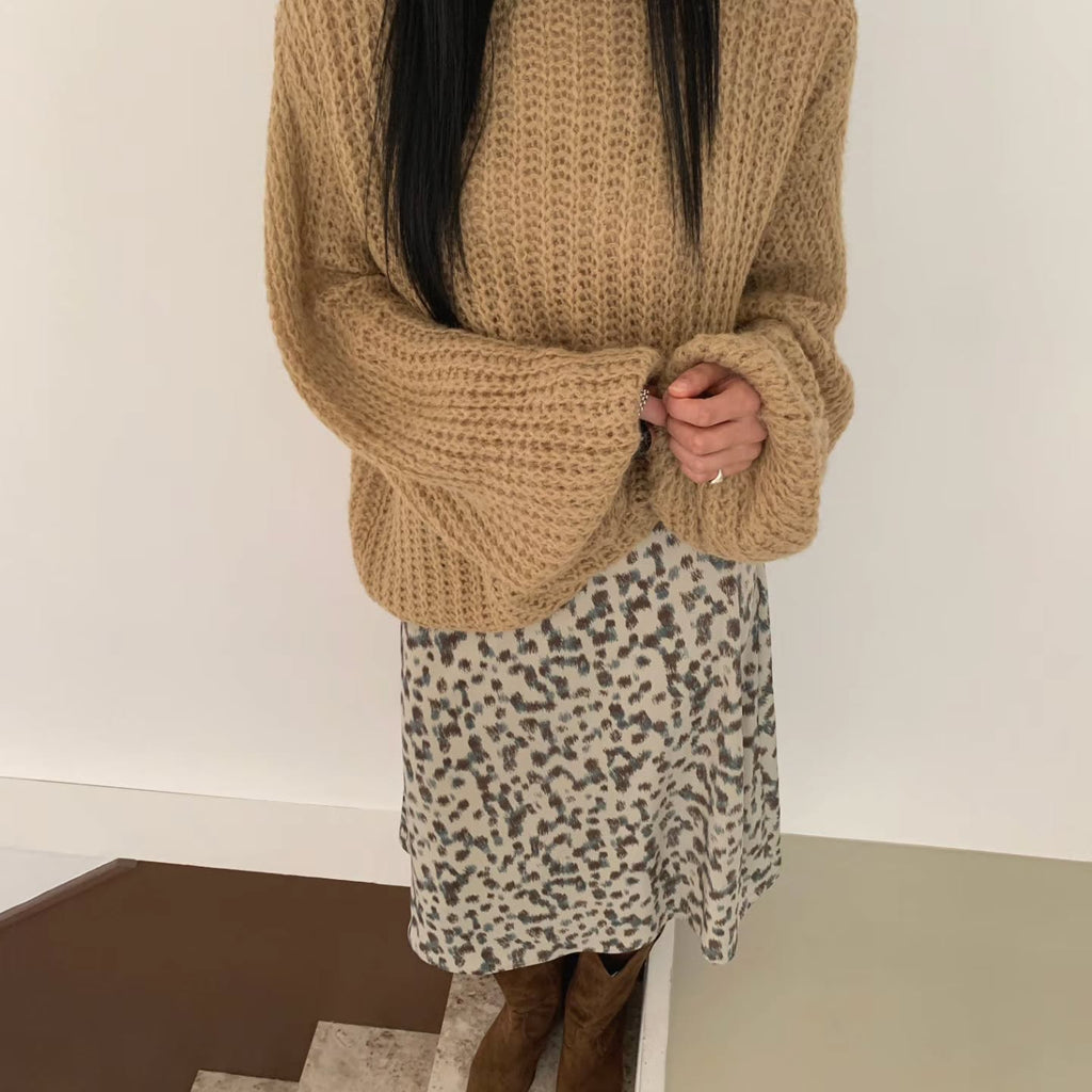 Leopard Print Midi Skirt Dark Beige side view styled with shirt and boots