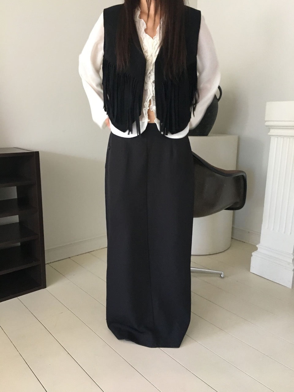 Suede Fringe Vest Black full body front close