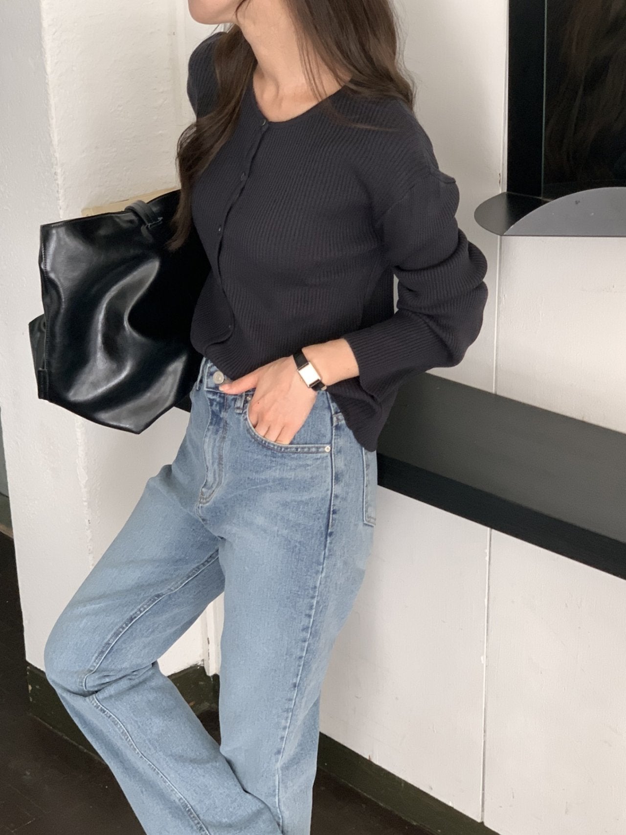 Top in maglia a costine con bottoni