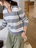 Maglione in maglia scollo a V a righe in misto cashmere