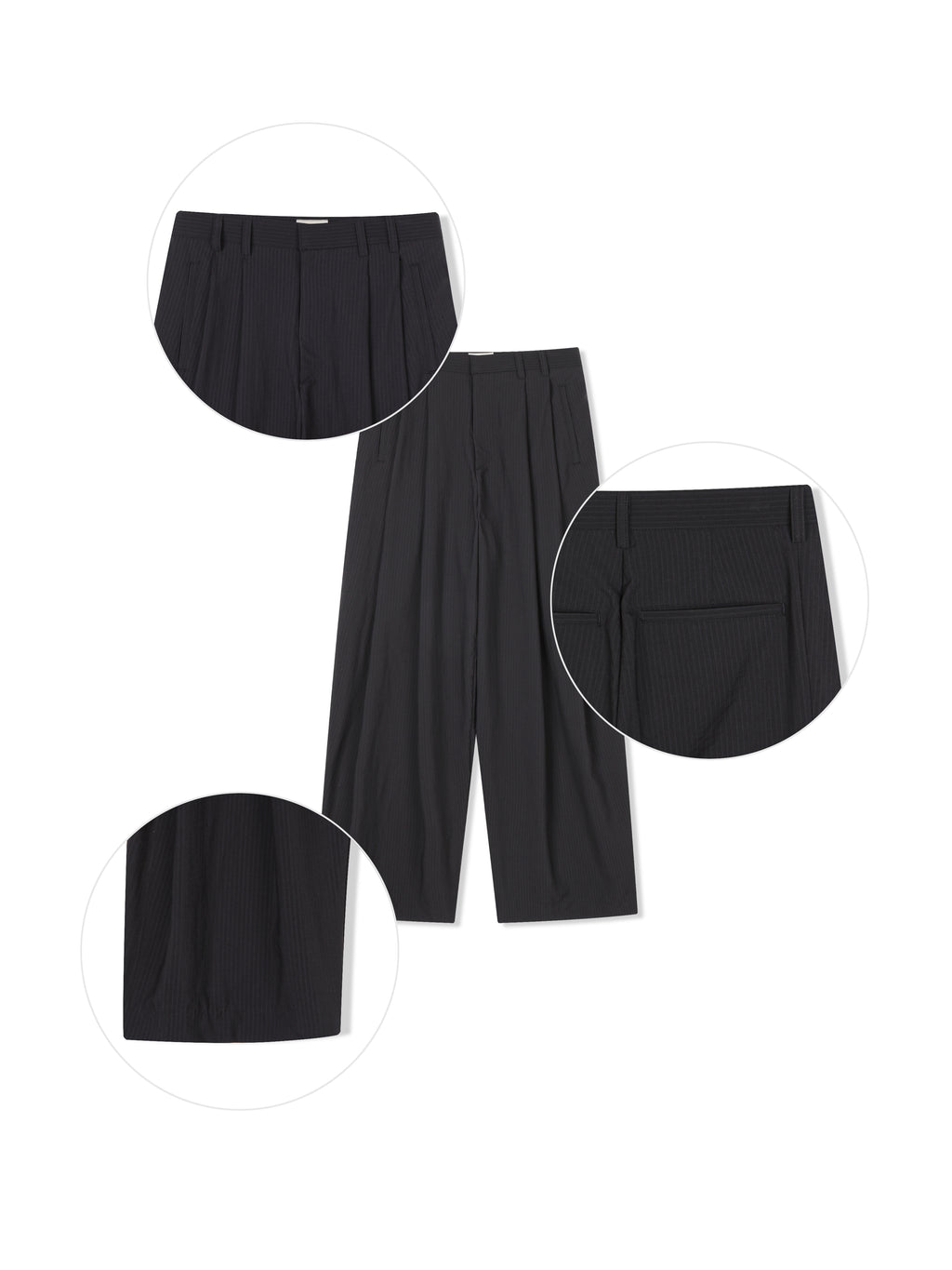 Act pinstripe double pleat wide leg pants in Black, back view flat lay