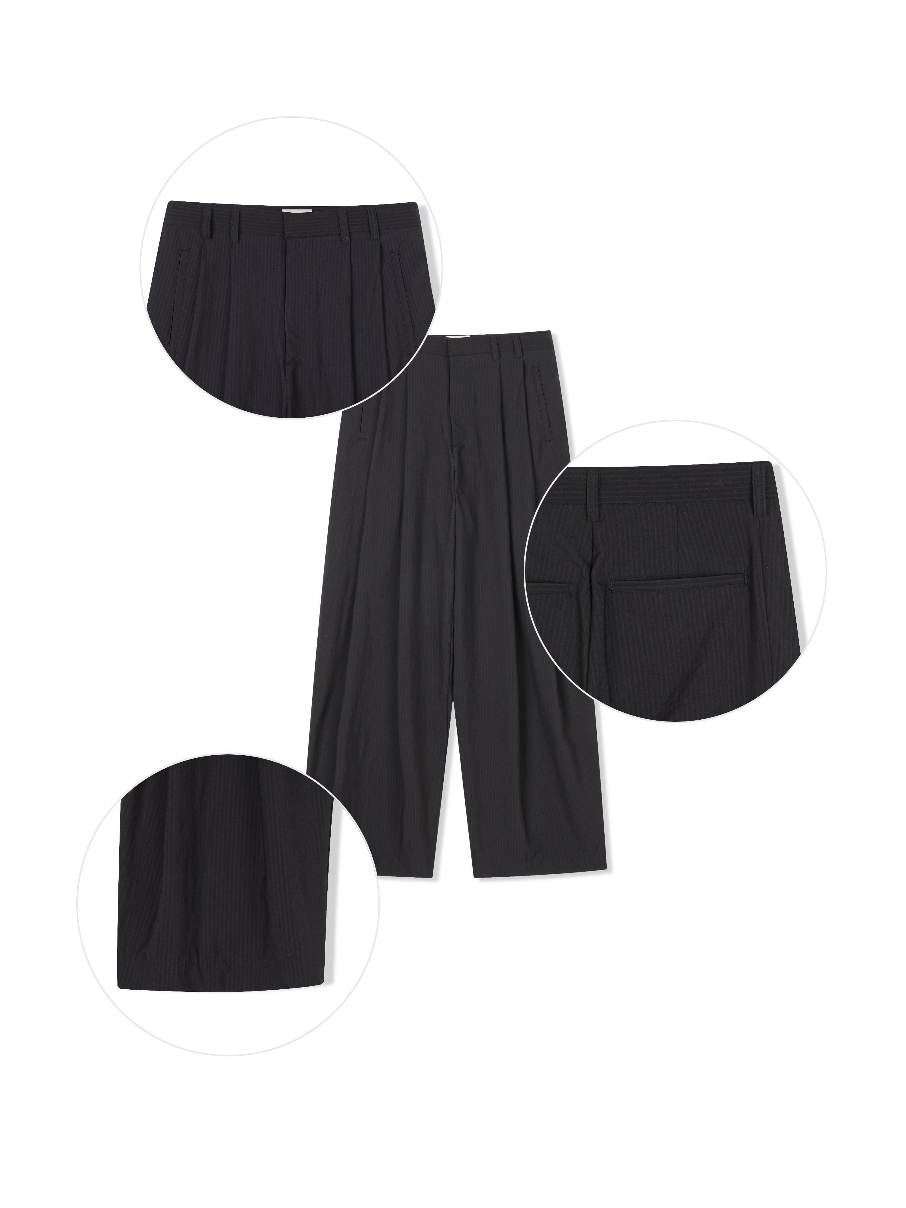 Act pinstripe double pleat wide leg pants in Black, back view flat lay
