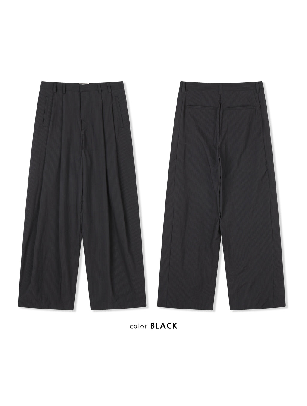 Act pinstripe double pleat wide leg pants in Black, front view flat lay