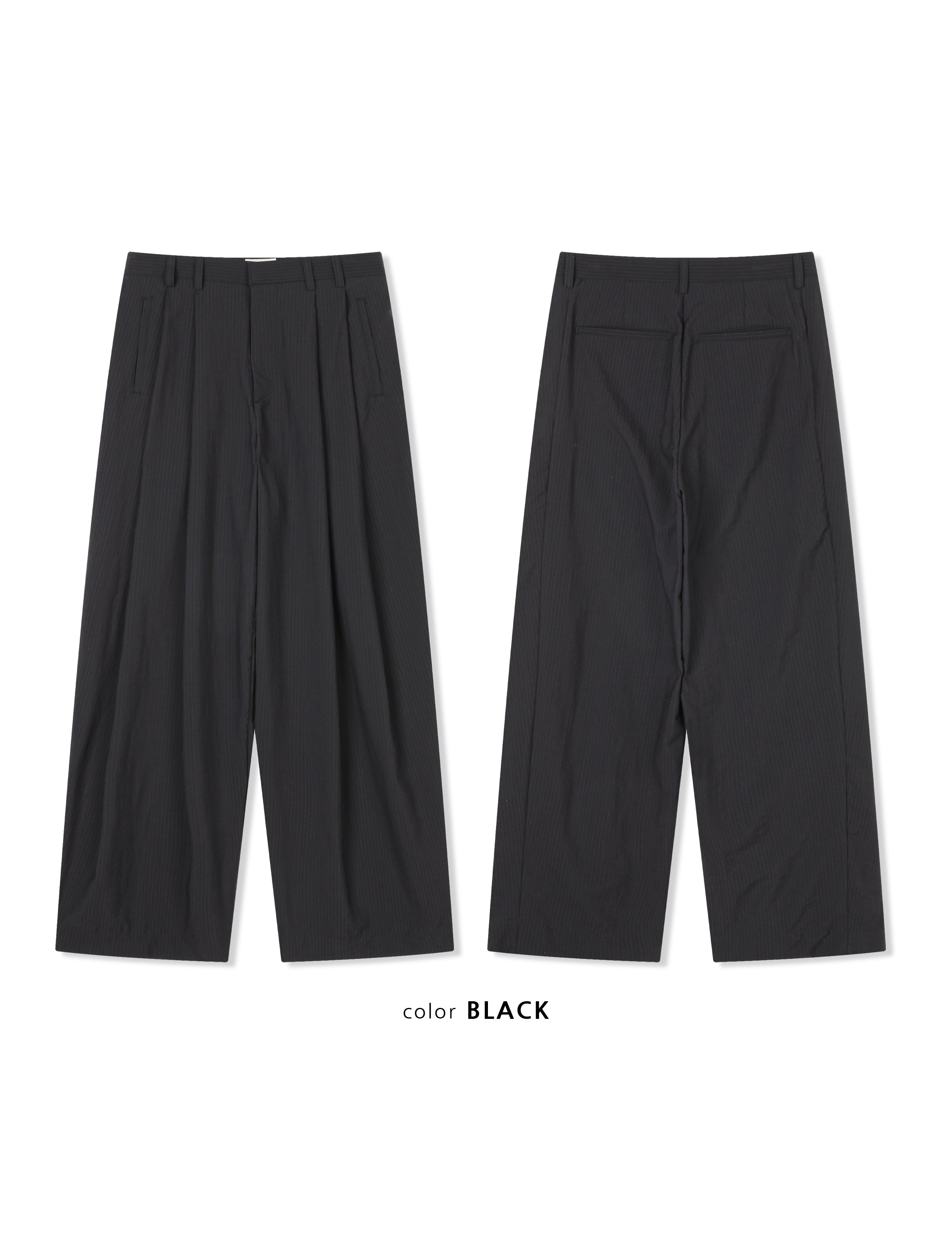 Act pinstripe double pleat wide leg pants in Black, front view flat lay