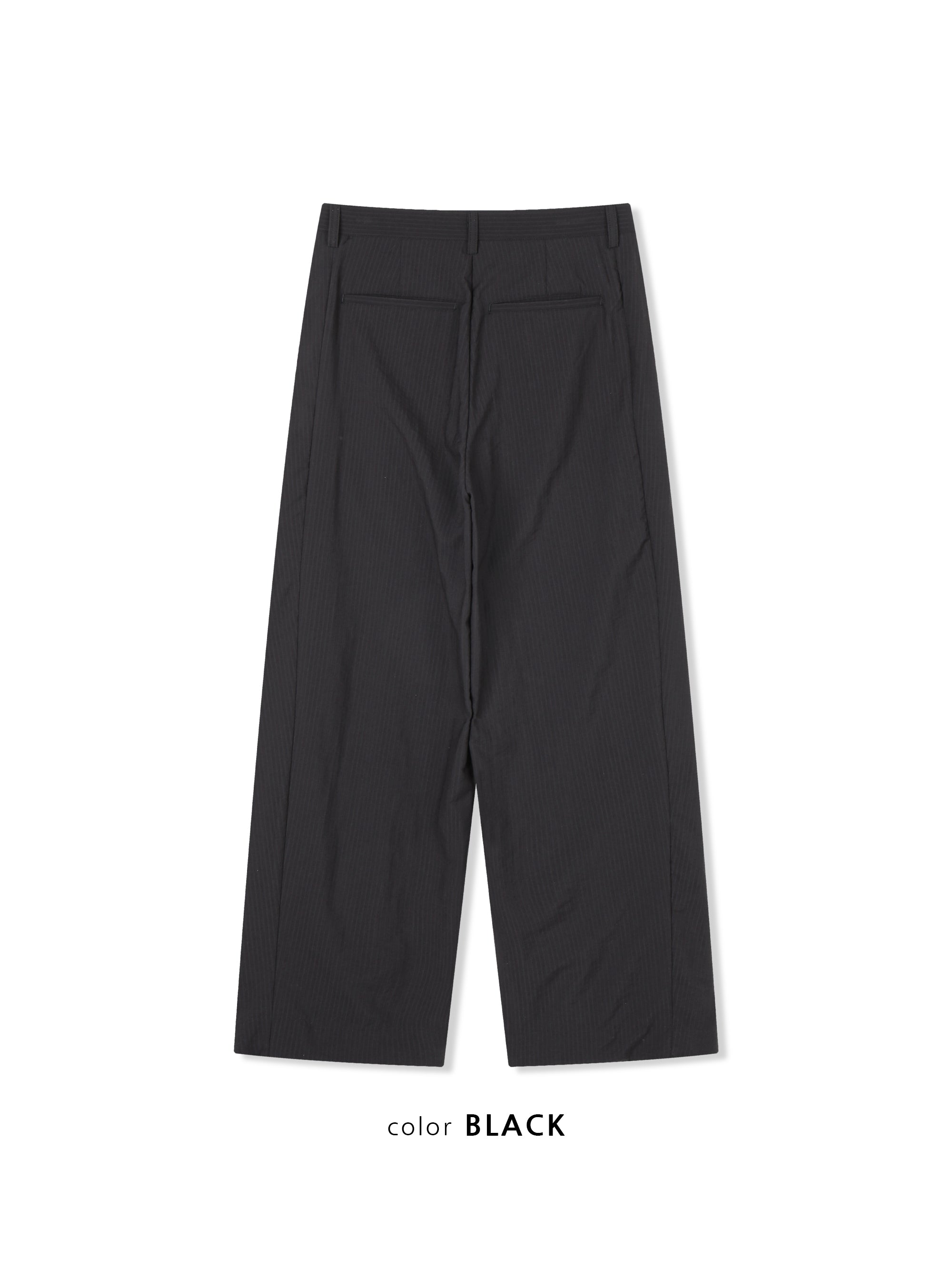 Act pinstripe double pleat wide leg pants in Black, fabric texture close-up
