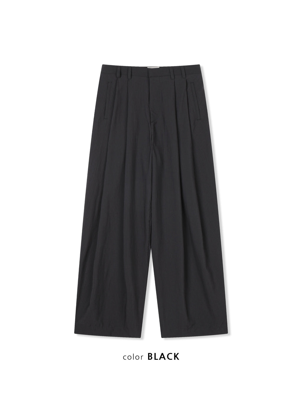 Act pinstripe double pleat wide leg pants in Black, back welt pocket close-up