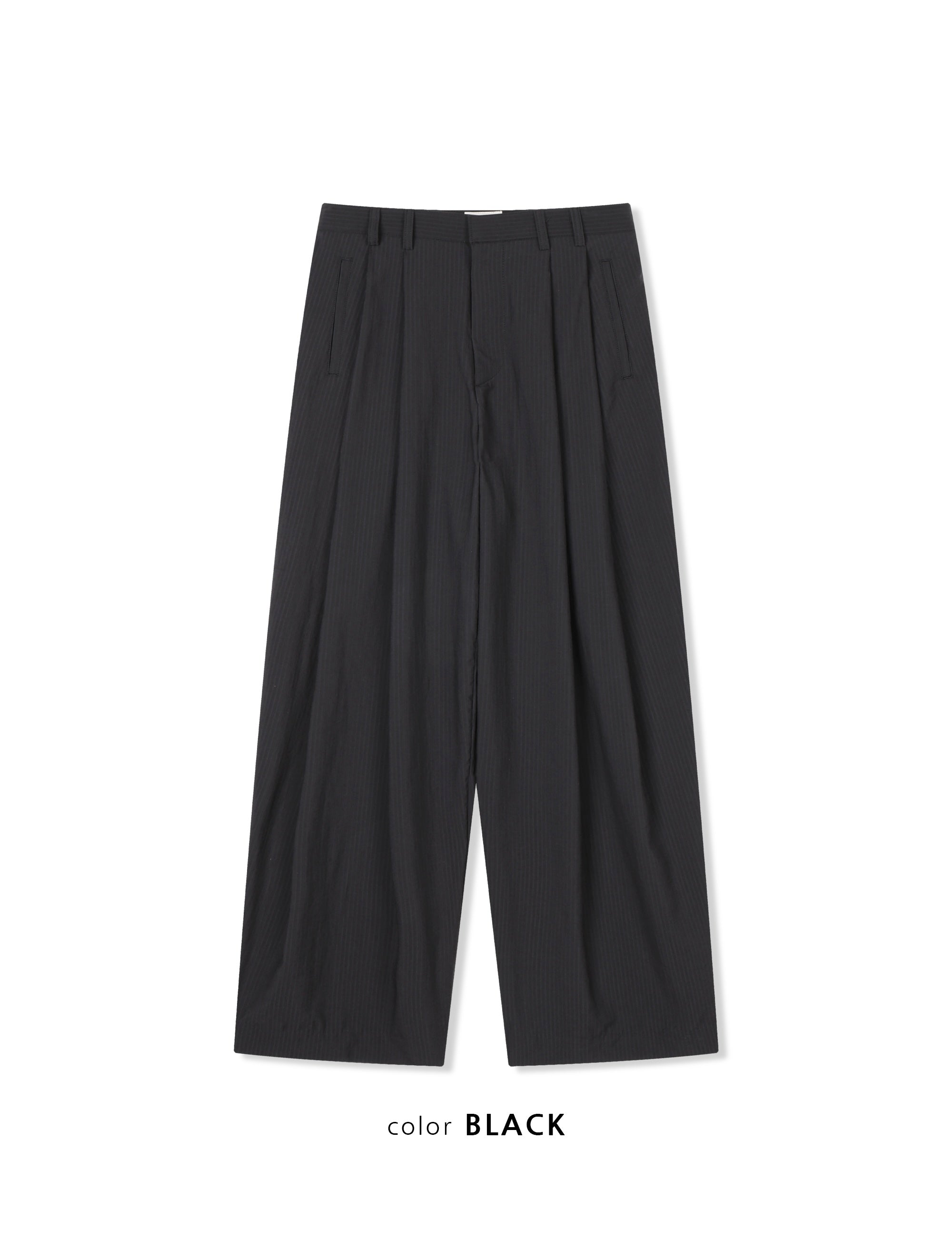Act pinstripe double pleat wide leg pants in Black, back welt pocket close-up
