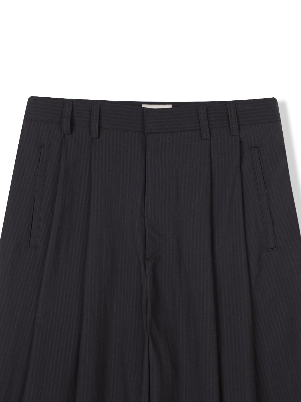 Act pinstripe double pleat wide leg pants in Black, side pocket detail close-up