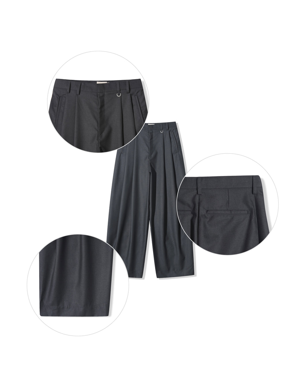 Act double pleat wide leg slacks in Charcoal, fabric texture close-up