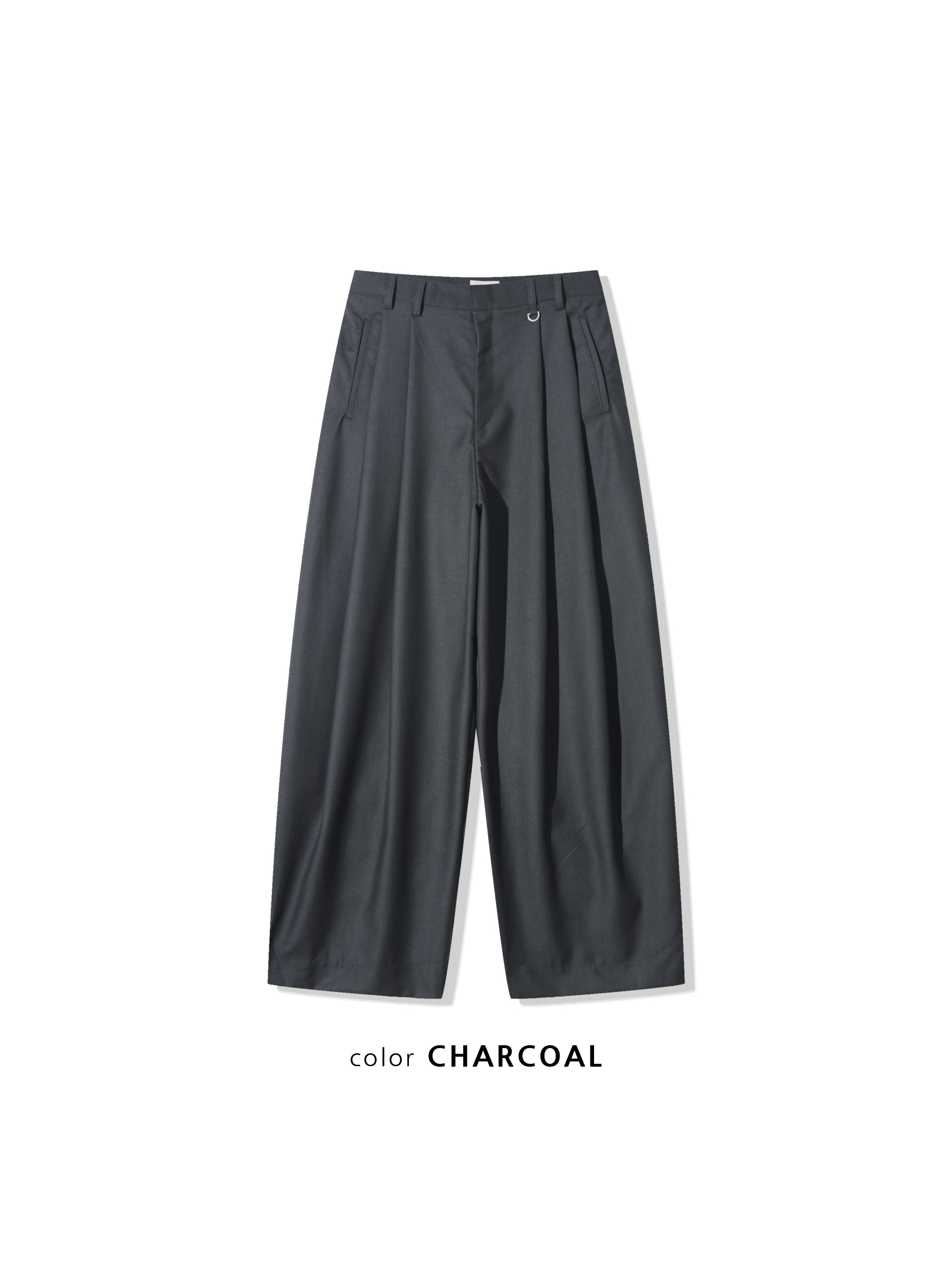 Act double pleat wide leg slacks in Charcoal, front leg and hem close-up
