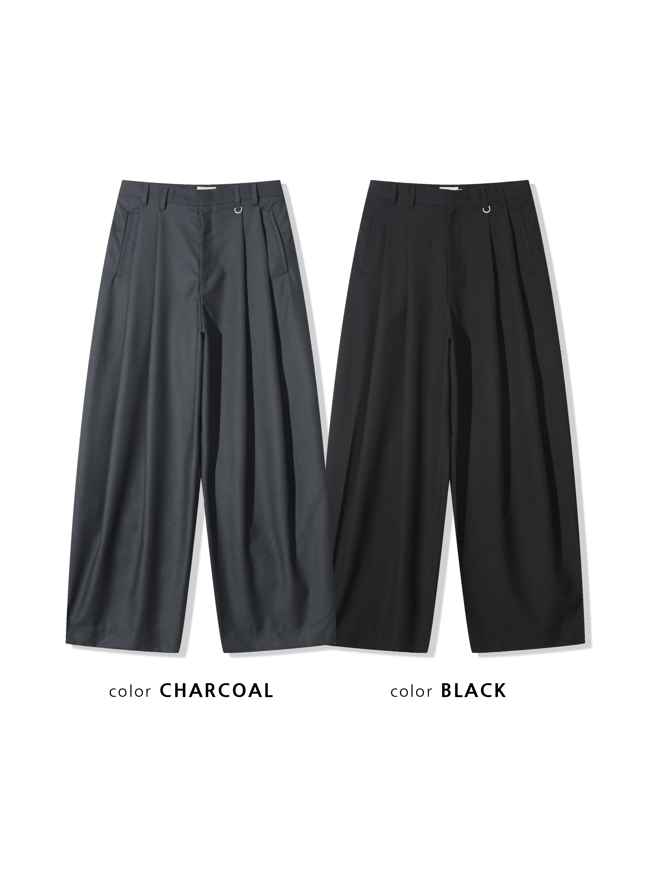Act double pleat wide leg slacks in Charcoal, back welt pocket close-up
