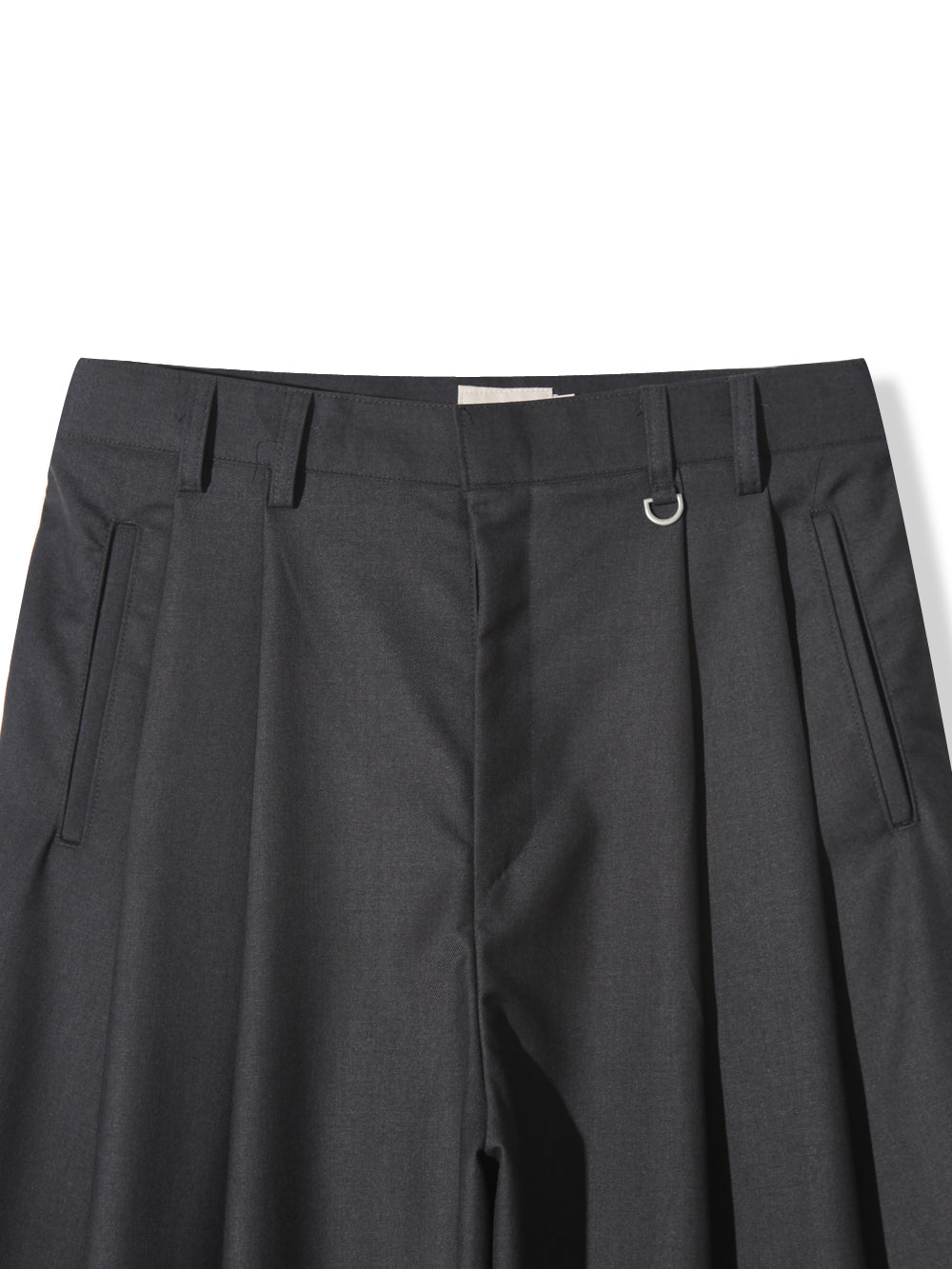 Act double pleat wide leg slacks in Charcoal, front view flat lay with label visible