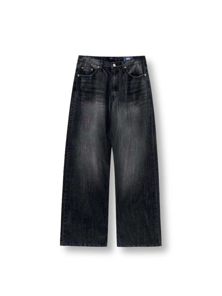 Nb.j vintage wash wide leg jeans, two colorways front view — Light Blue and Washed Black