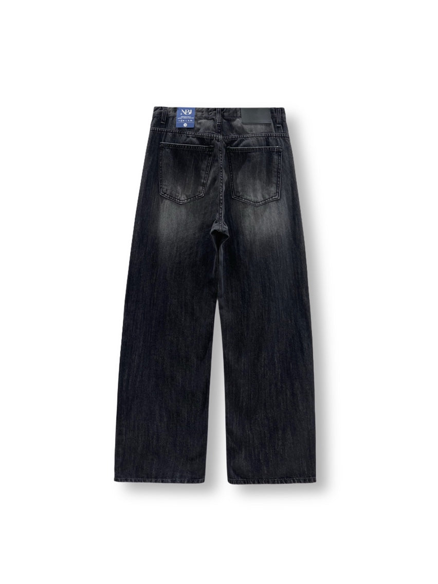 Nb.j vintage wash wide leg jeans, two colorways back view — Light Blue and Washed Black