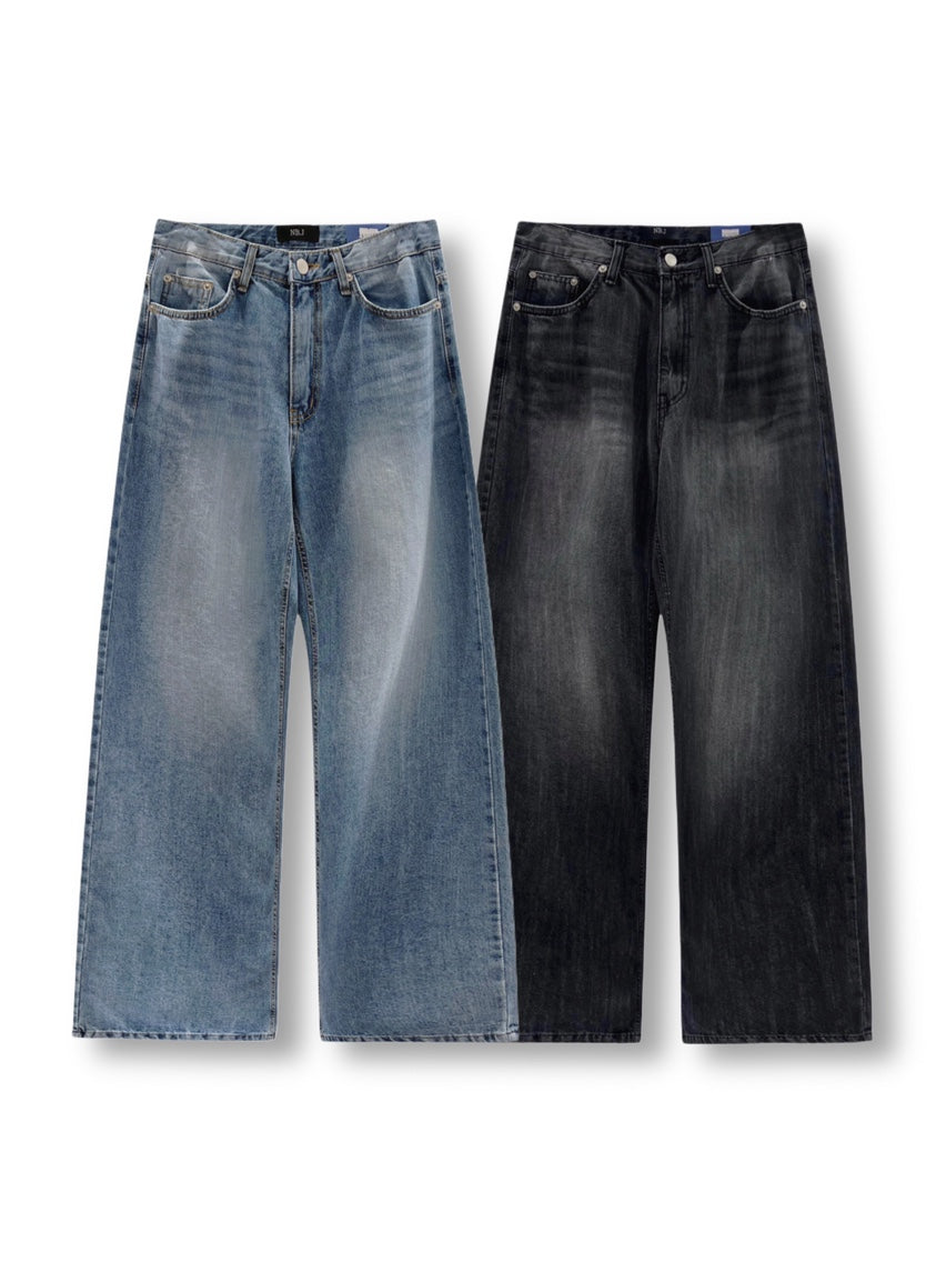 Nb.j vintage wash wide leg jeans in Light Blue, front view flat lay full length