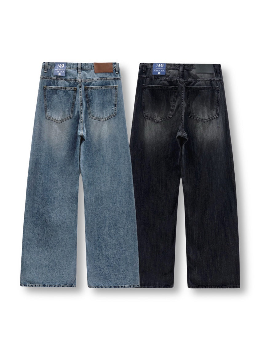Nb.j vintage wash wide leg jeans in Light Blue, back view flat lay full length
