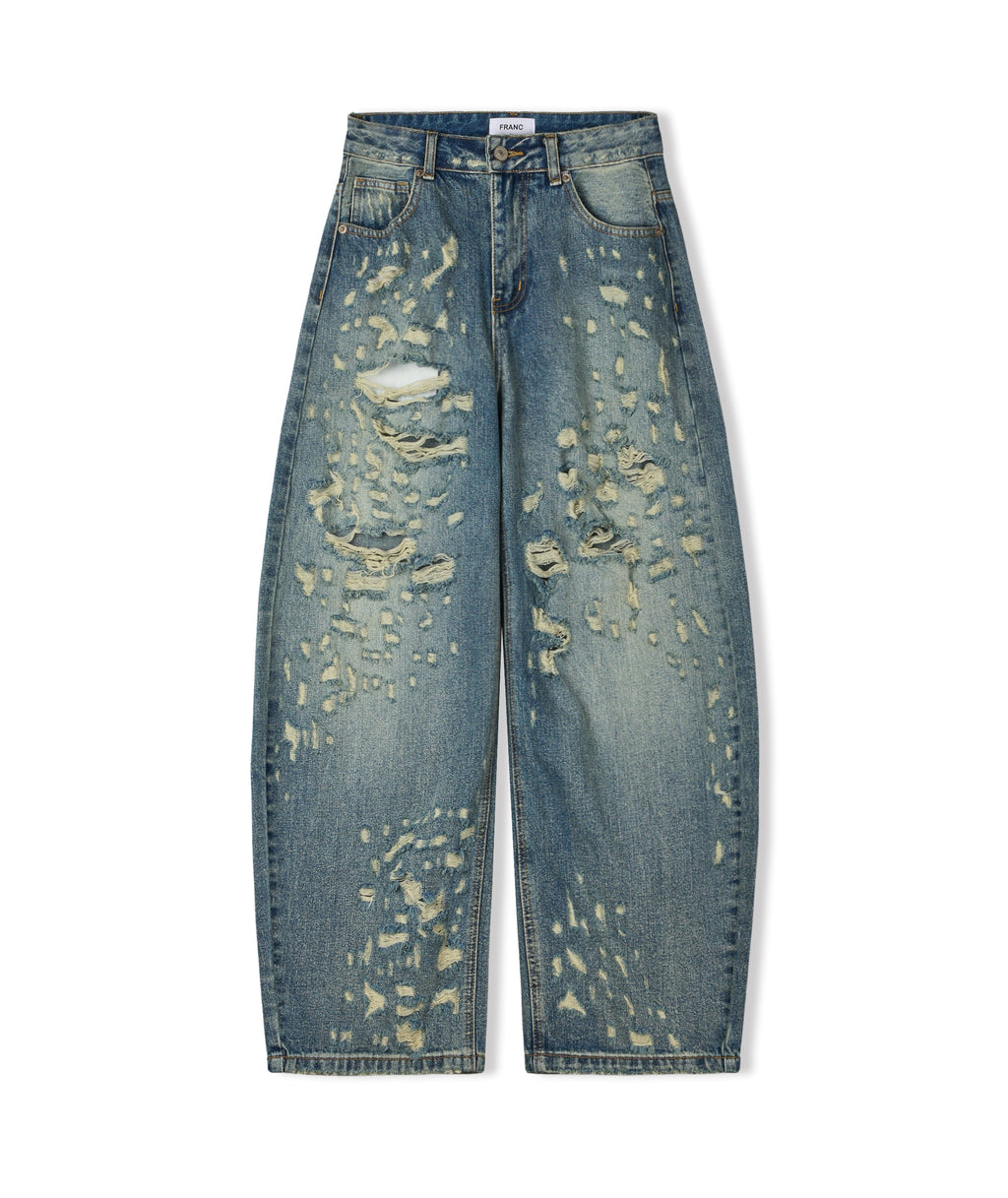 Franc heavy distressed barrel wide leg jeans in Mid Blue, back view flat lay full length