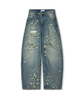 Franc heavy distressed barrel wide leg jeans in Mid Blue, back view flat lay full length