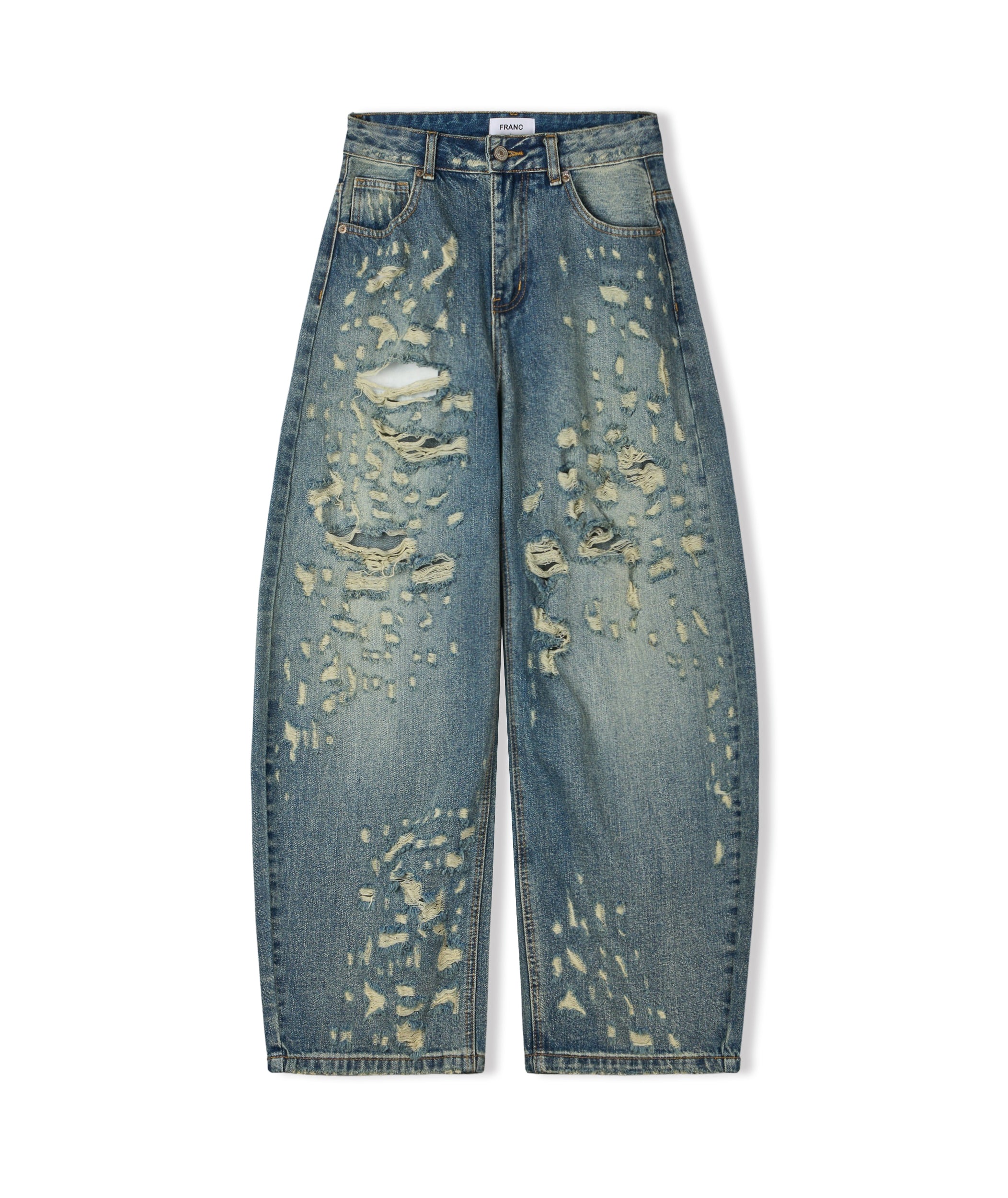 Franc heavy distressed barrel wide leg jeans in Mid Blue, back view flat lay full length