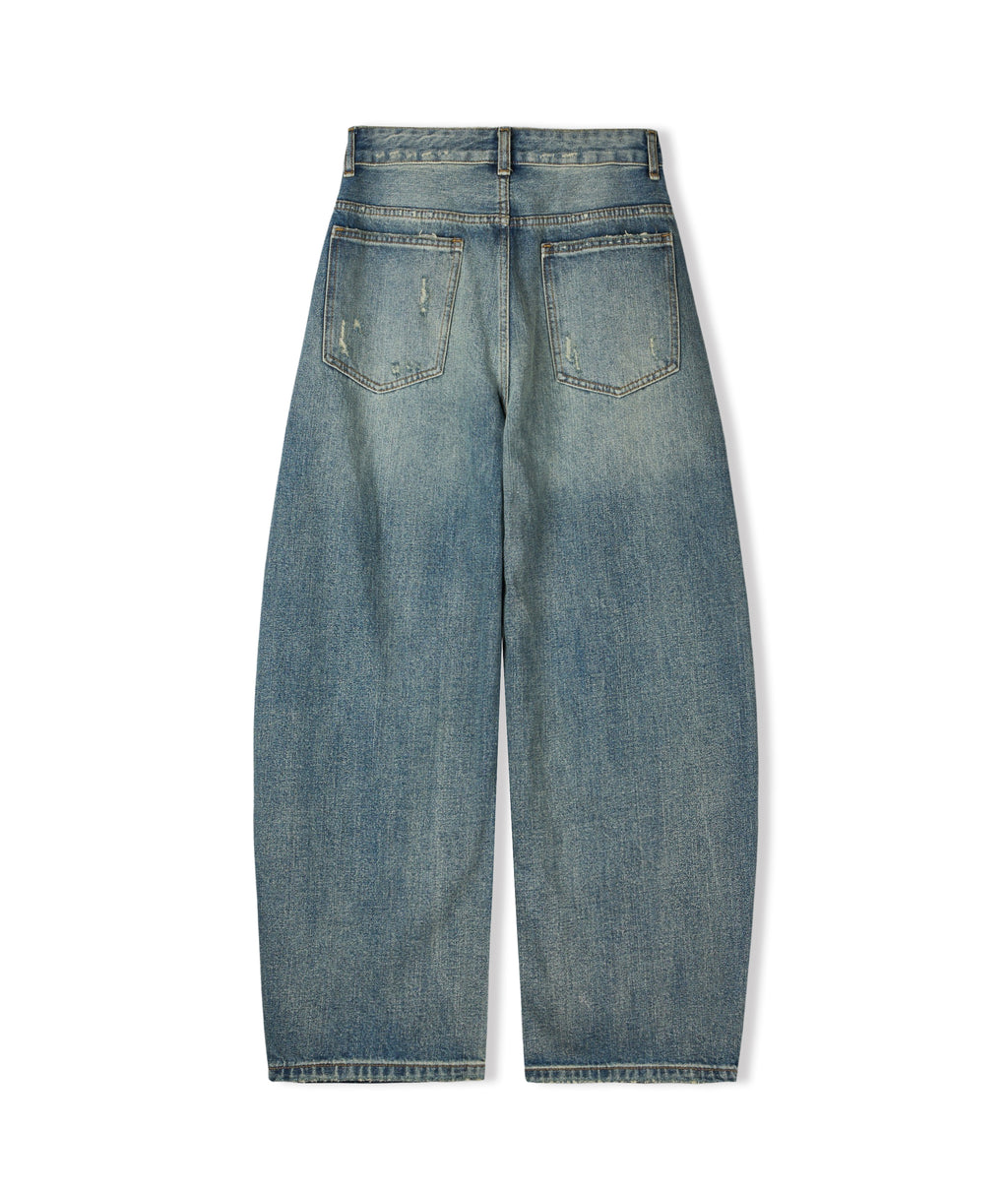 Franc heavy distressed barrel wide leg jeans in Mid Blue, front waistband and ripped detail close-up with FRANC label