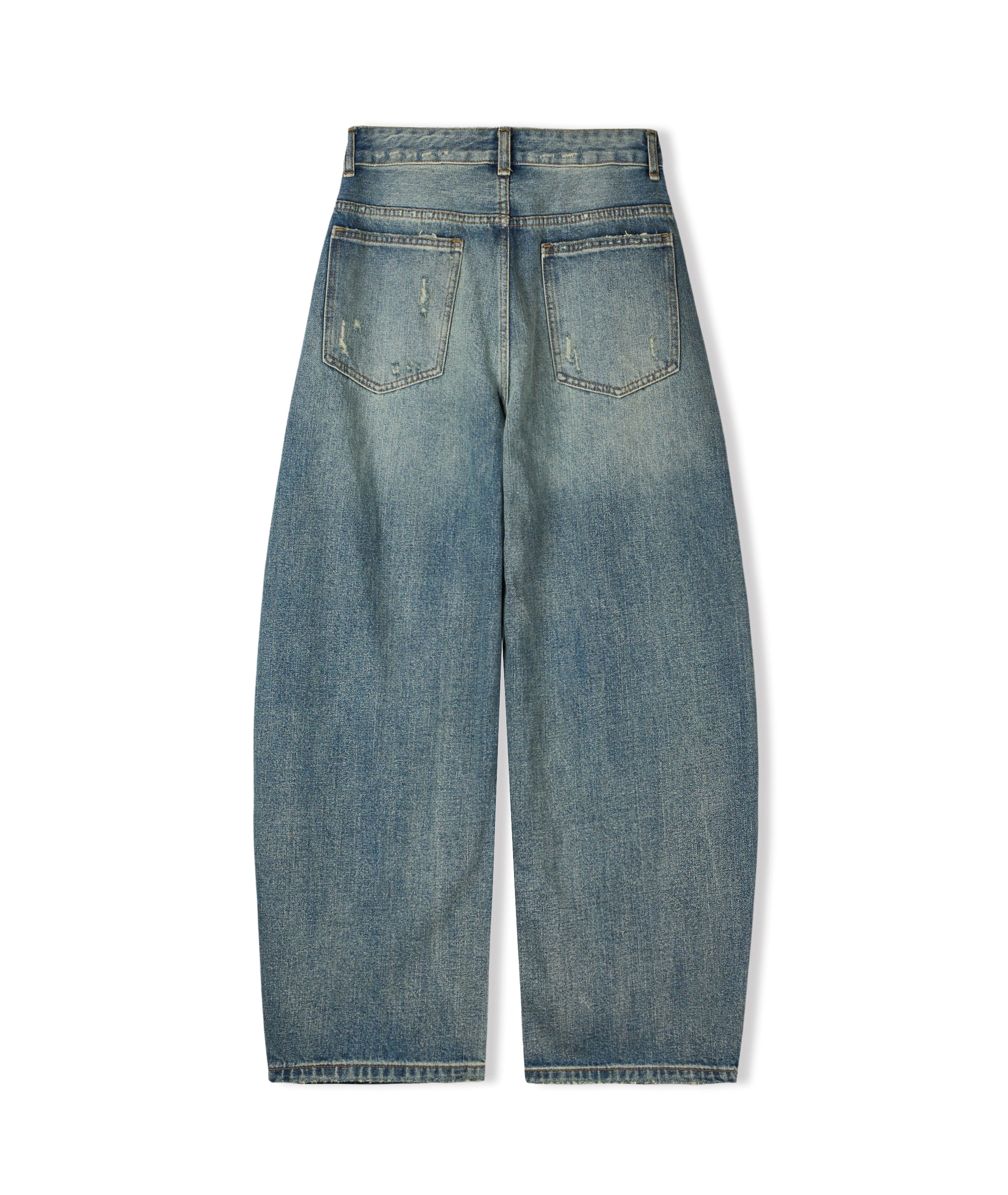 Franc heavy distressed barrel wide leg jeans in Mid Blue, front waistband and ripped detail close-up with FRANC label