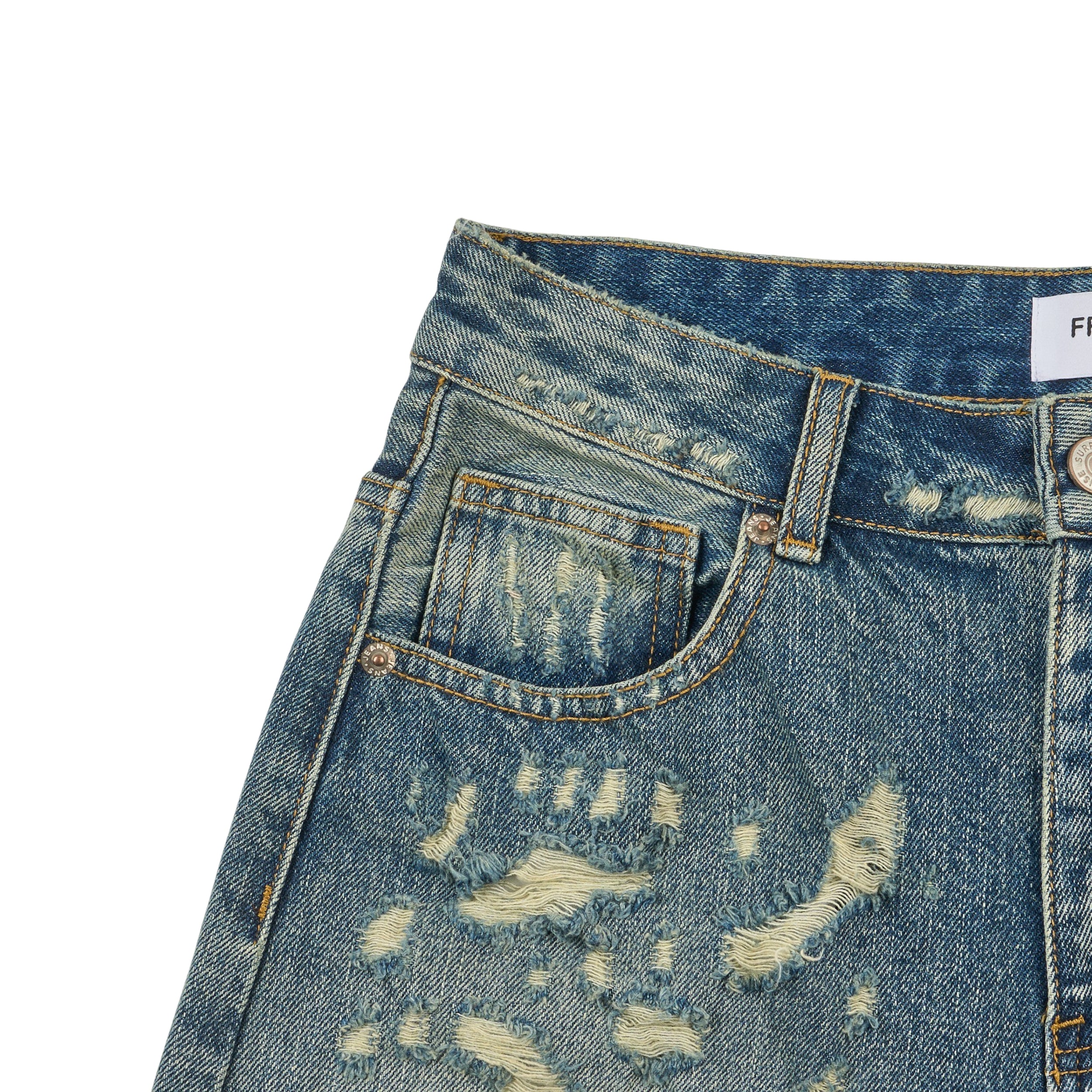 Franc heavy distressed barrel wide leg jeans in Mid Blue, hem and leg ripped detail close-up