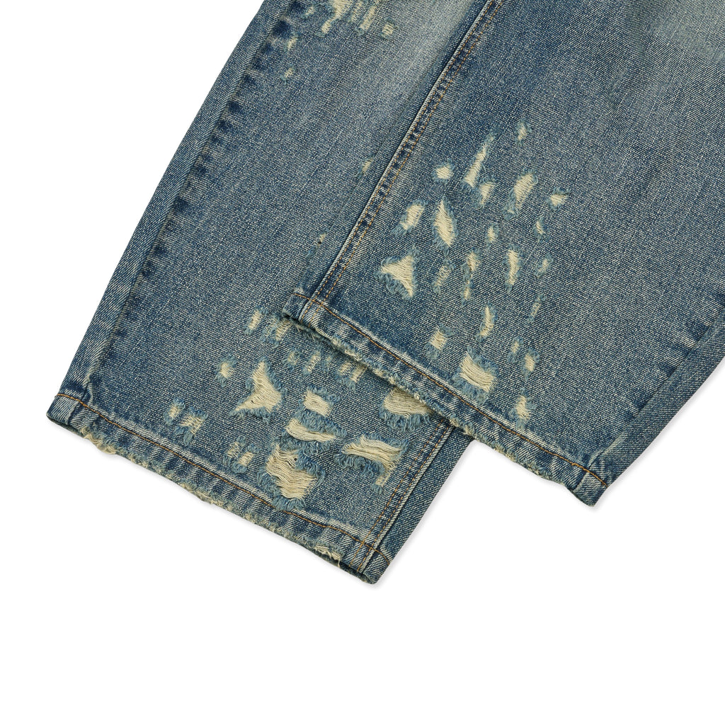 Franc heavy distressed barrel wide leg jeans in Mid Blue, back waistband and pocket close-up