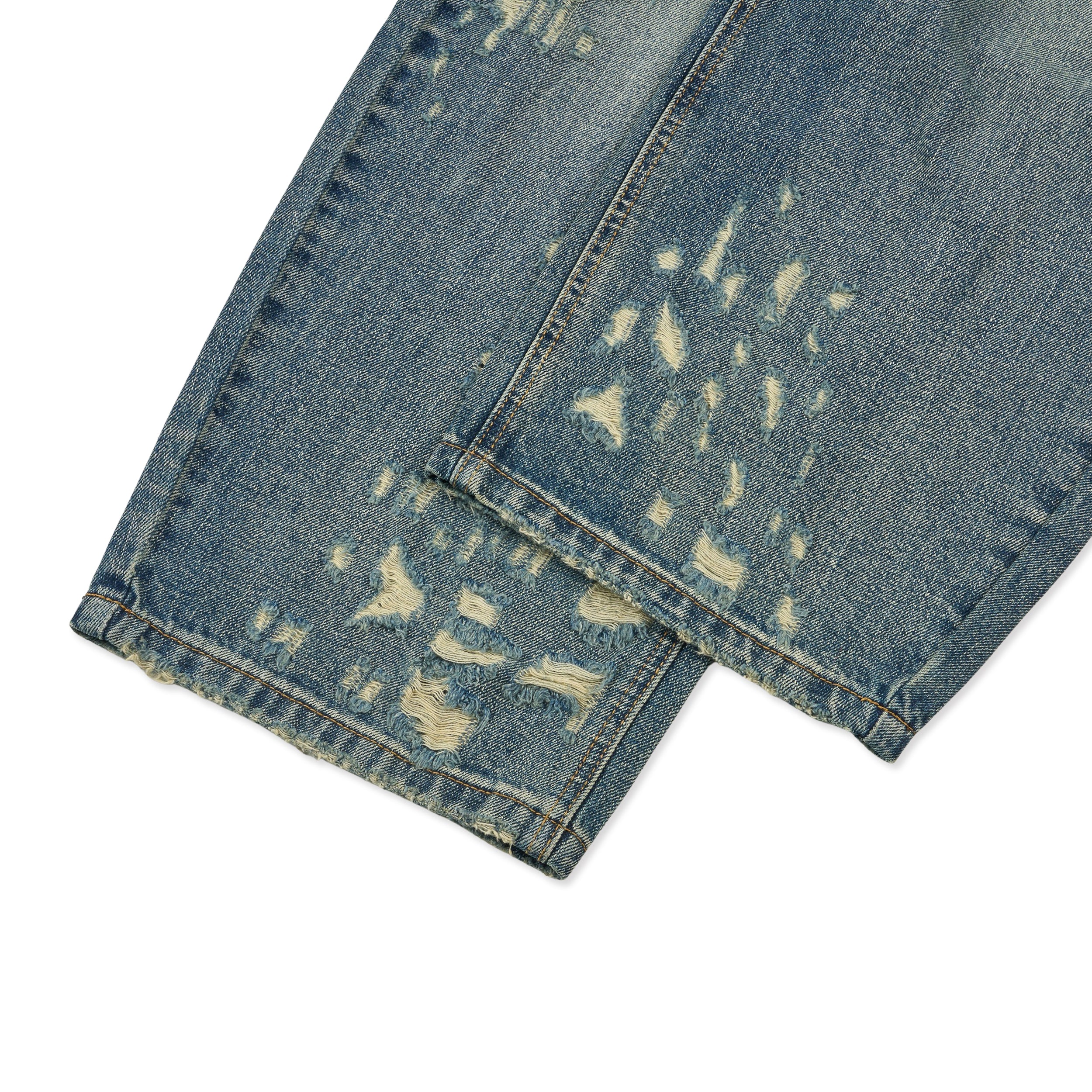 Franc heavy distressed barrel wide leg jeans in Mid Blue, back waistband and pocket close-up