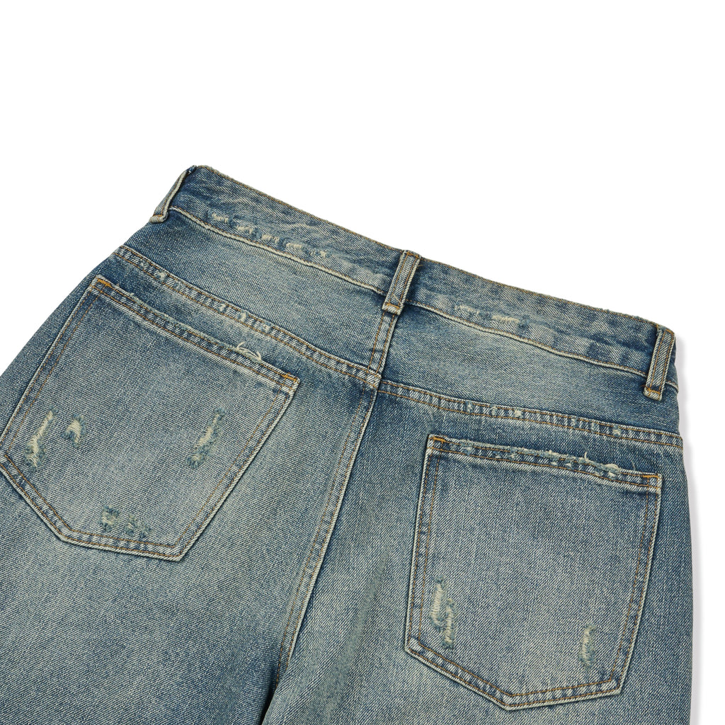 Franc heavy distressed barrel wide leg jeans in Mid Blue, front and back view side by side flat lay