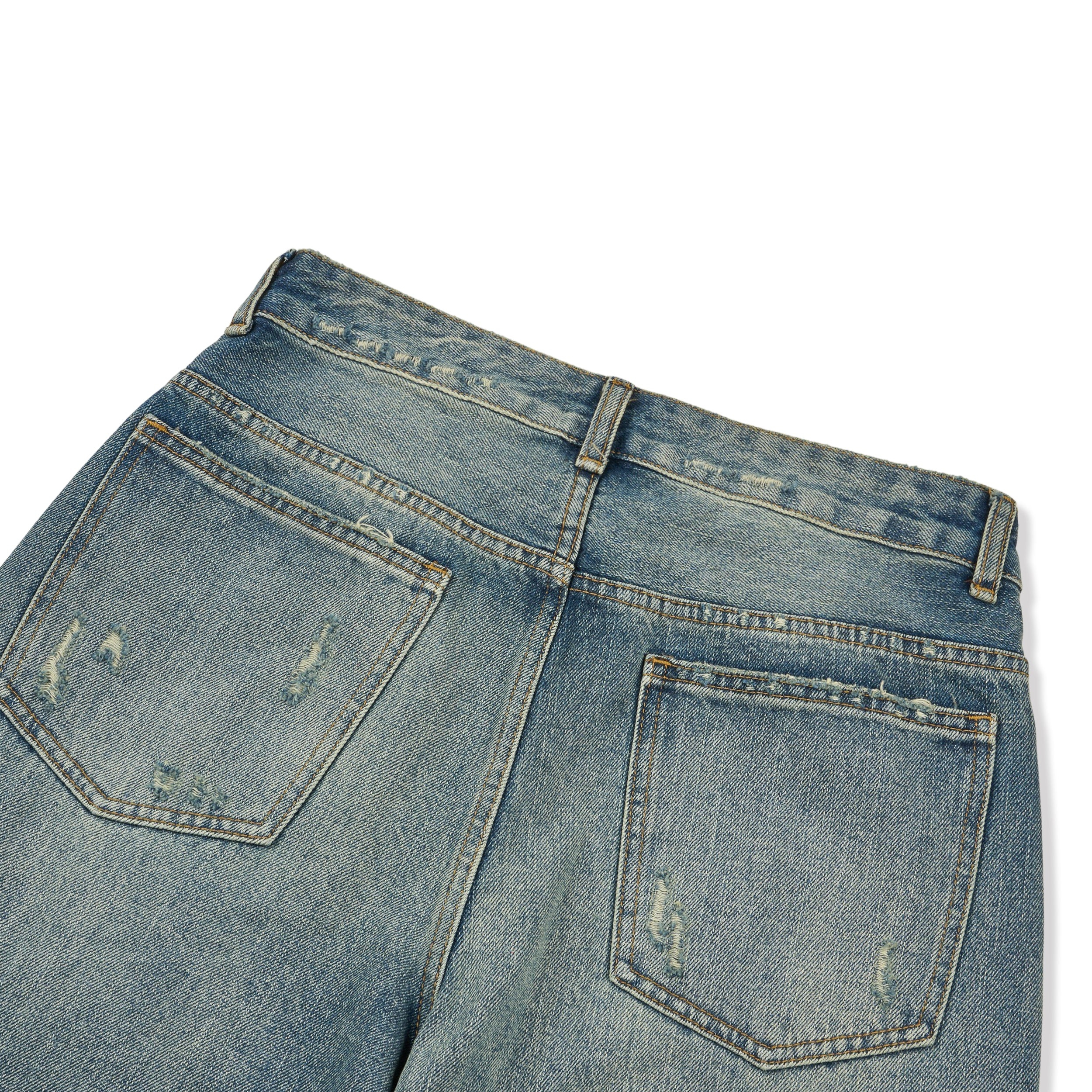 Franc heavy distressed barrel wide leg jeans in Mid Blue, front and back view side by side flat lay