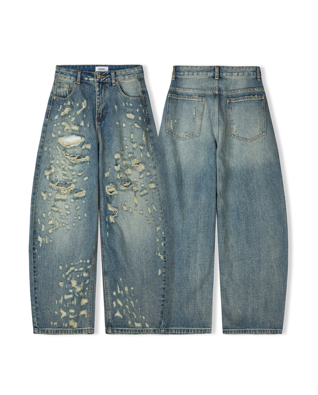 Franc heavy distressed barrel wide leg jeans in Mid Blue, styled on model front view