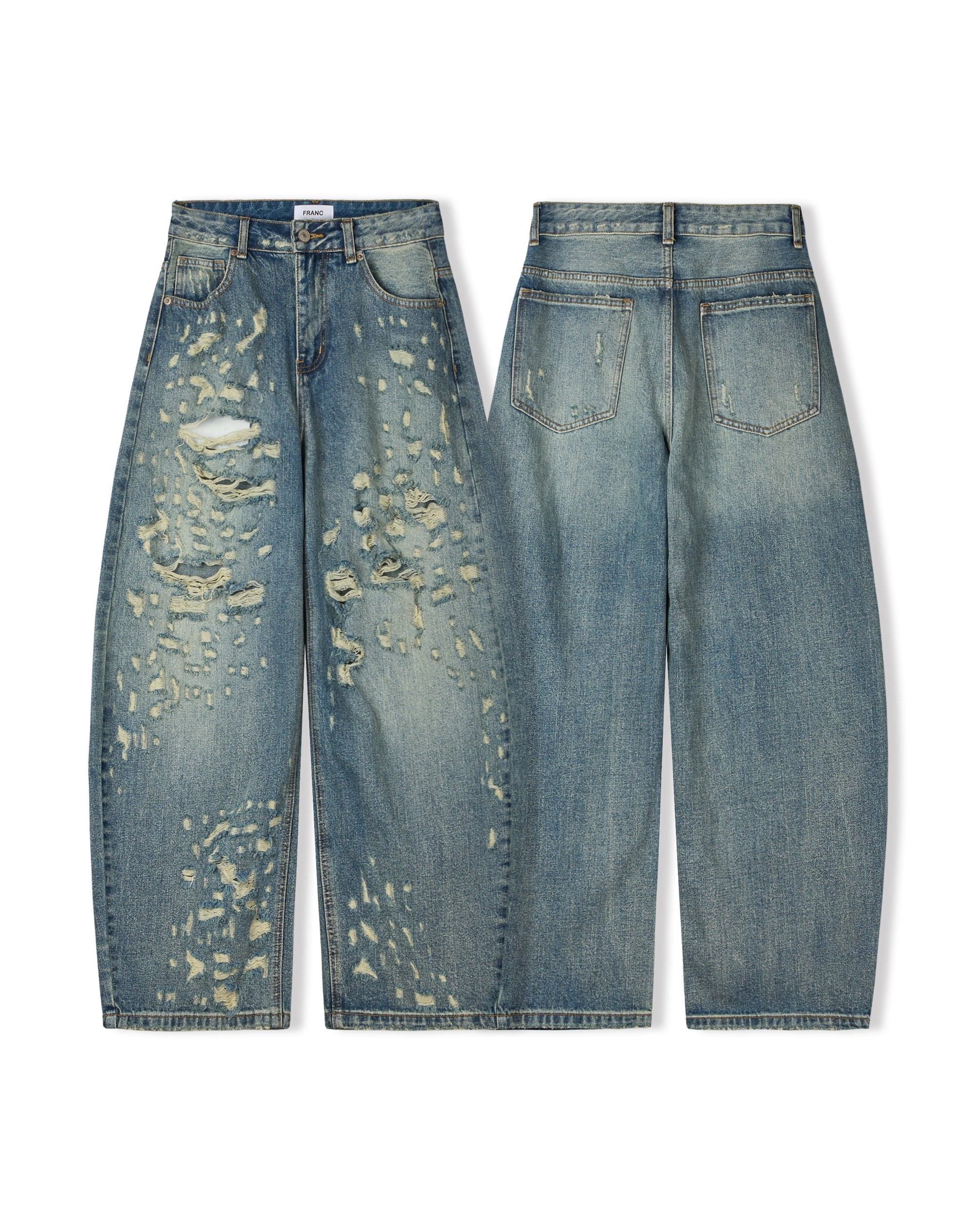 Franc heavy distressed barrel wide leg jeans in Mid Blue, styled on model front view