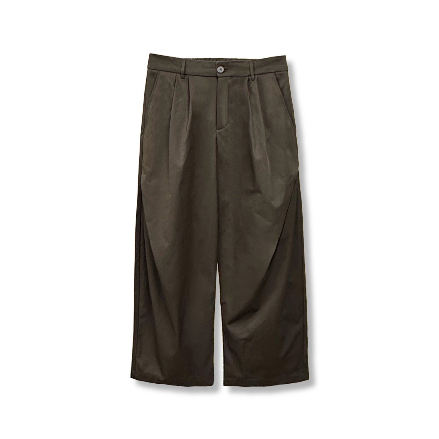Gumi cross tuck wide leg pants in Brown, front waistband and button close-up