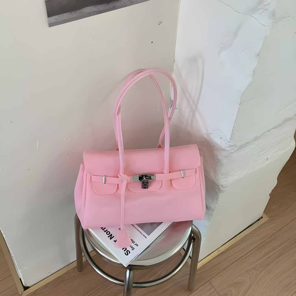 Seoro birkin style square baguette jelly bag in Yellow, front view on stool