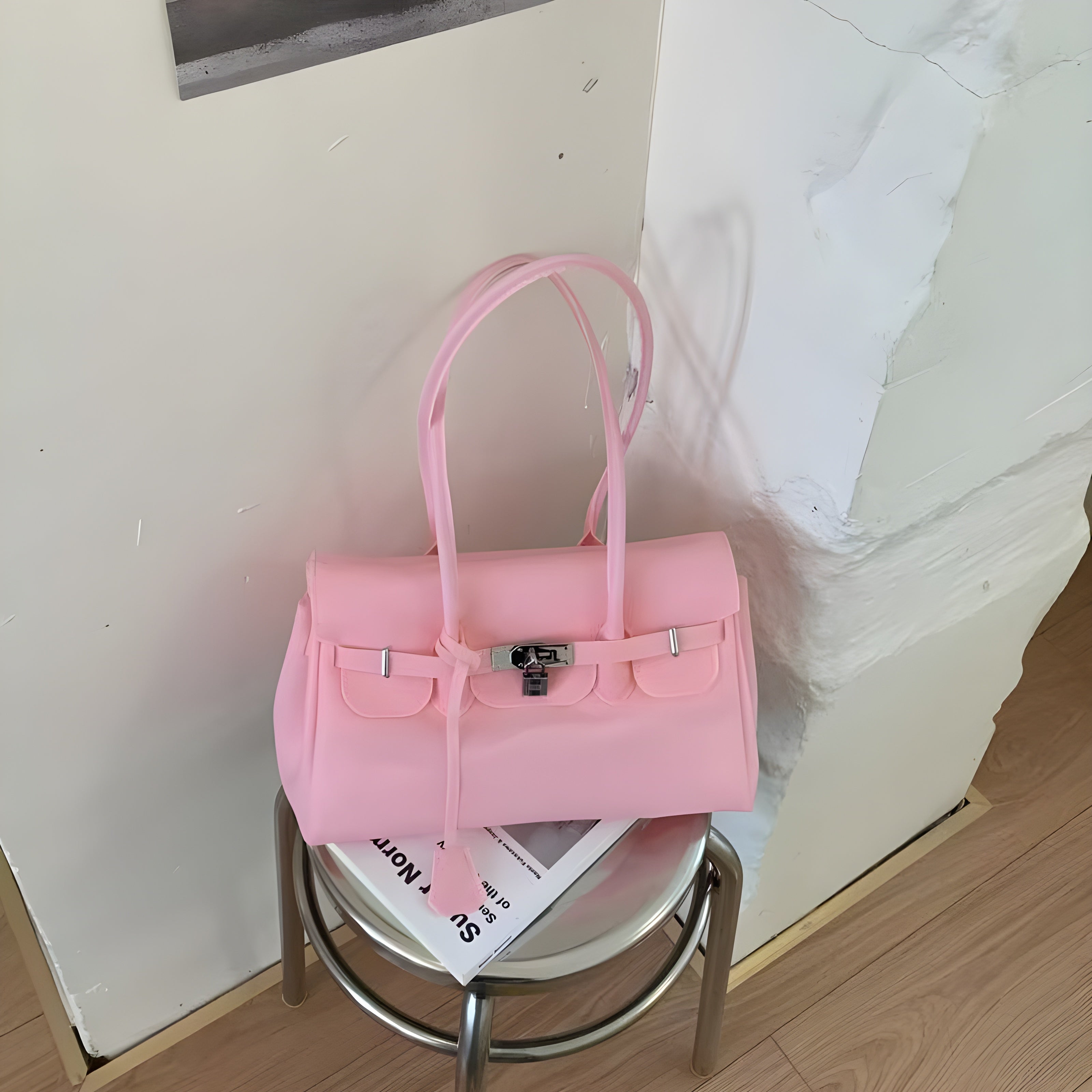 Seoro birkin style square baguette jelly bag in Yellow, front view on stool
