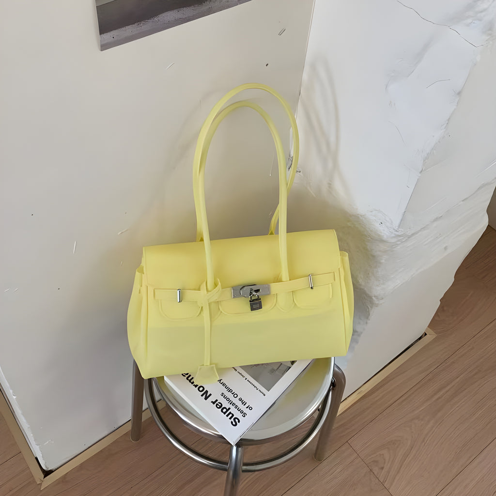Seoro birkin style square baguette jelly bag in Sky Blue, front view on stool